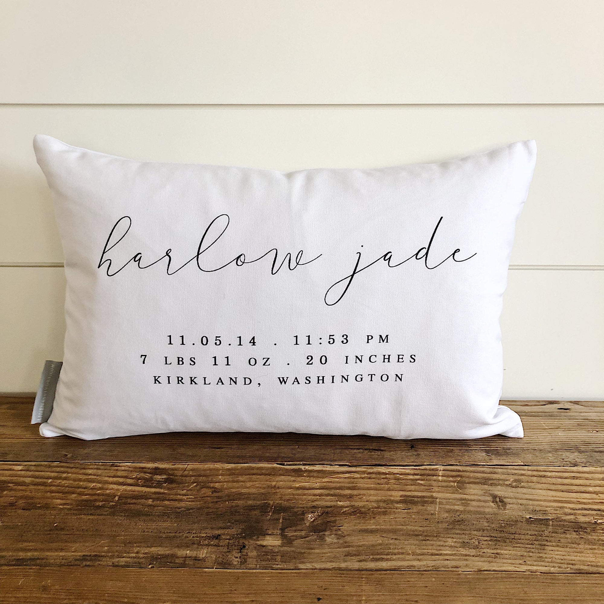 Script Lumbar Birth Announcement Pillow Cover - Linen and Ivory