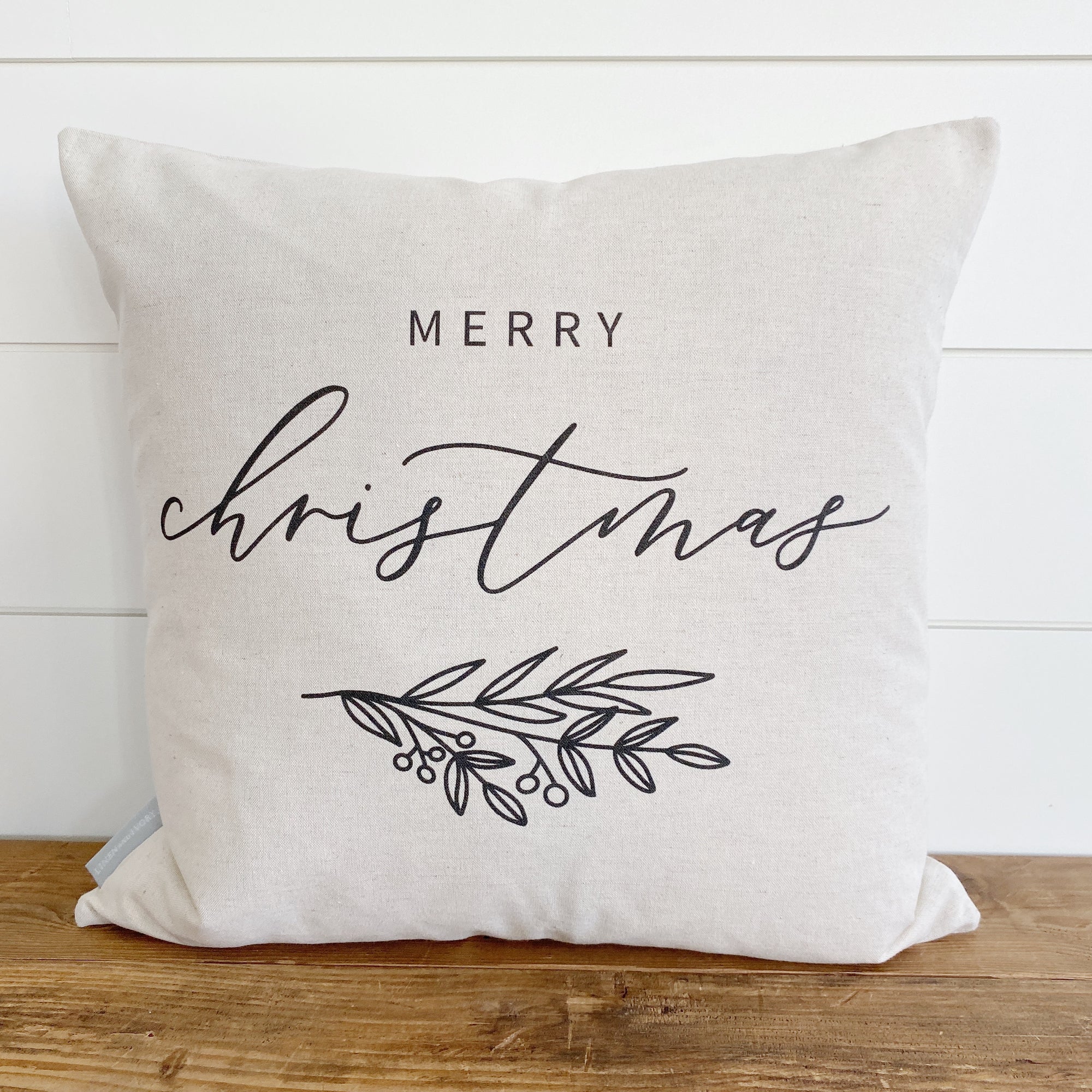 Merry Christmas Calligraphy Pillow Cover - Linen and Ivory
