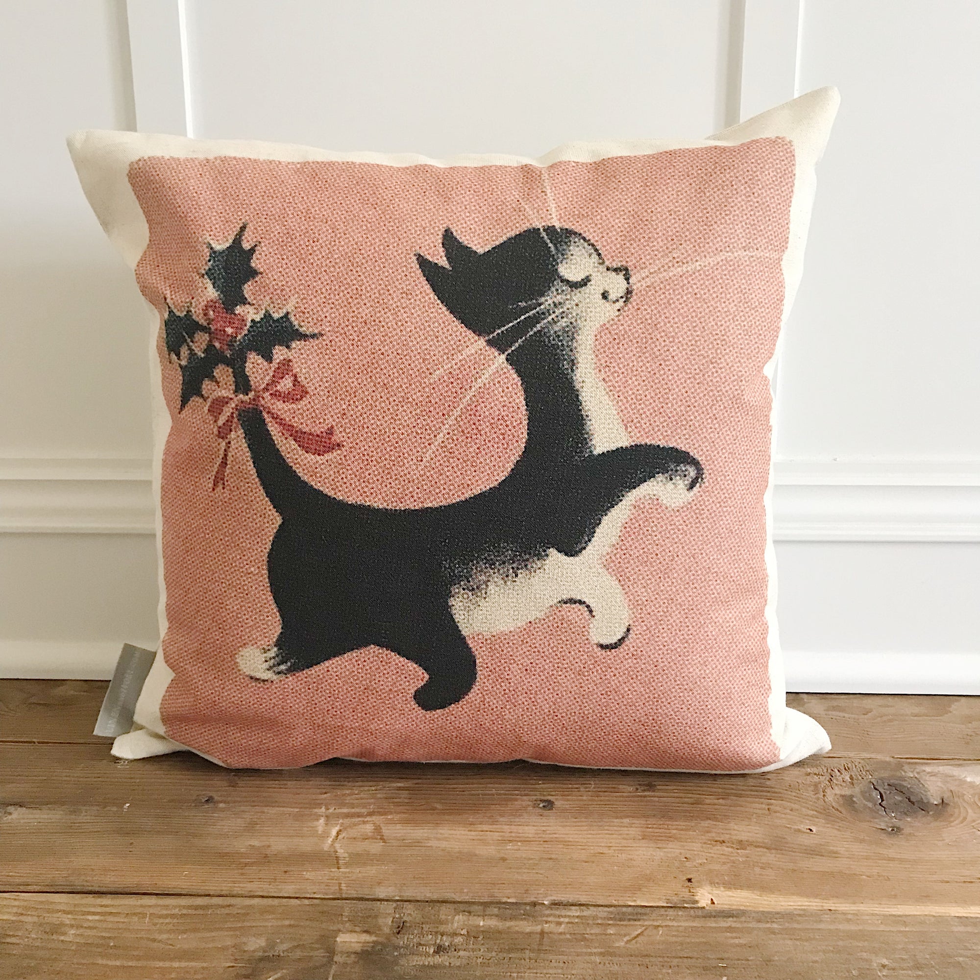 Mid Mod Christmas Cat Pillow Cover - Linen and Ivory