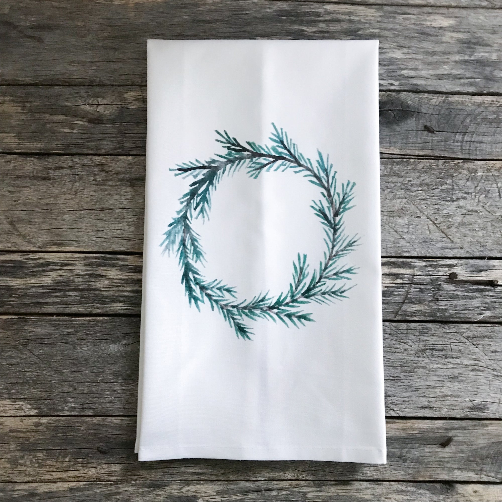 Evergreen Wreath Tea Towel - Linen and Ivory