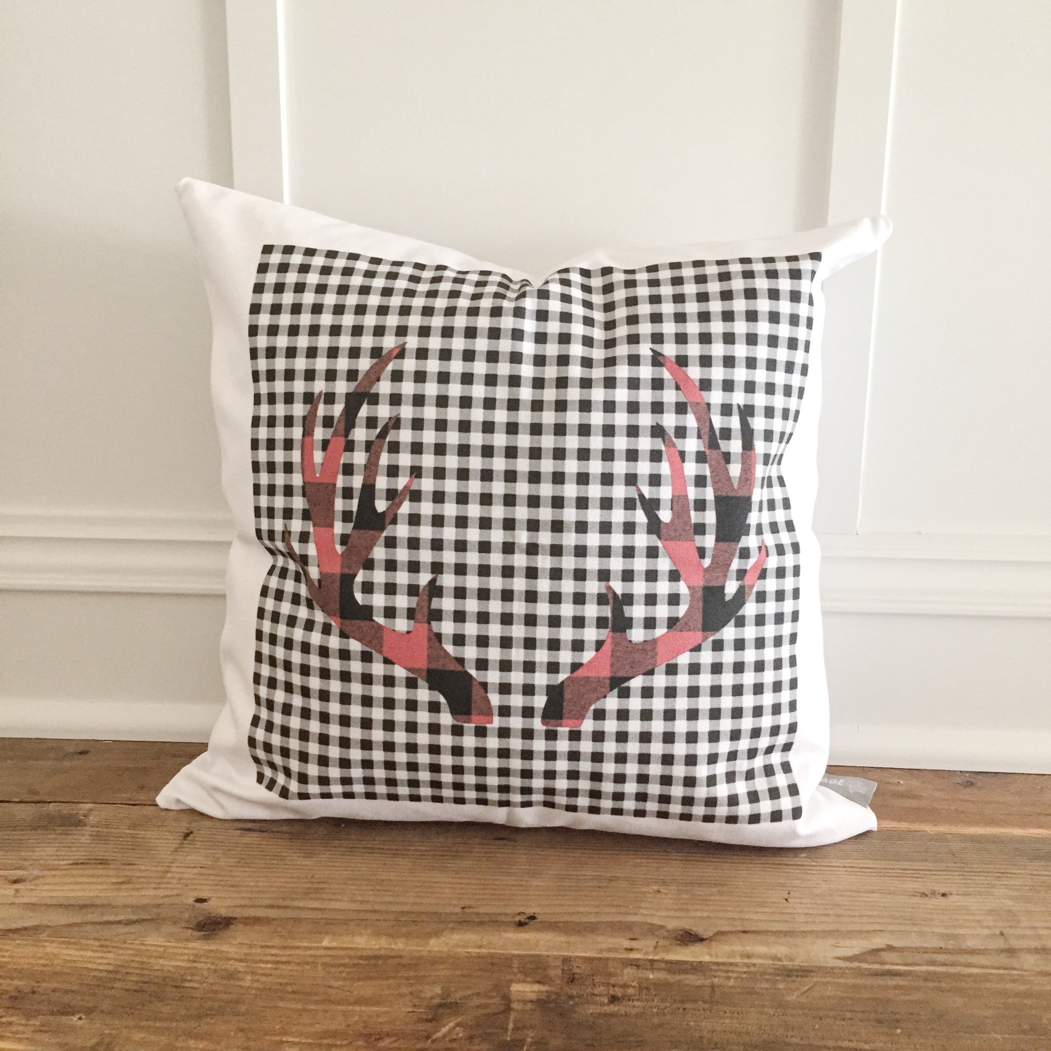 Dual Buffalo Plaid Antlers Pillow Cover - Linen and Ivory