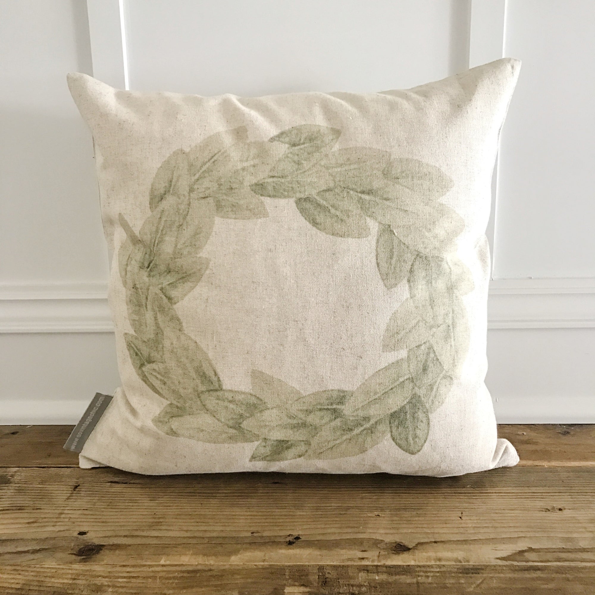 Magnolia Wreath Pillow Cover - Linen and Ivory