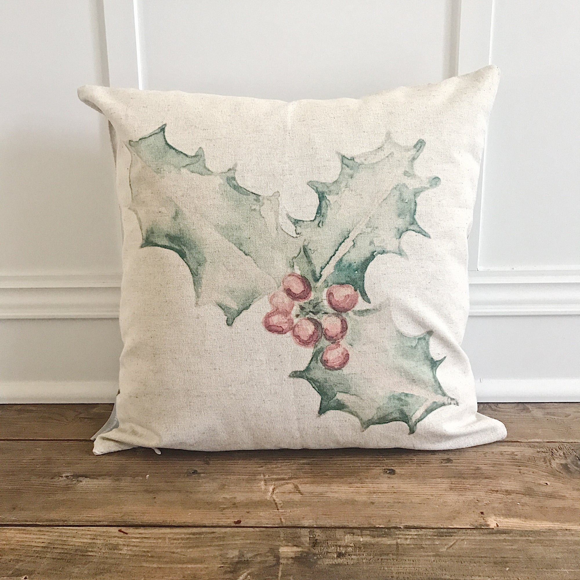 Watercolor Holly Berry Pillow Cover - Linen and Ivory