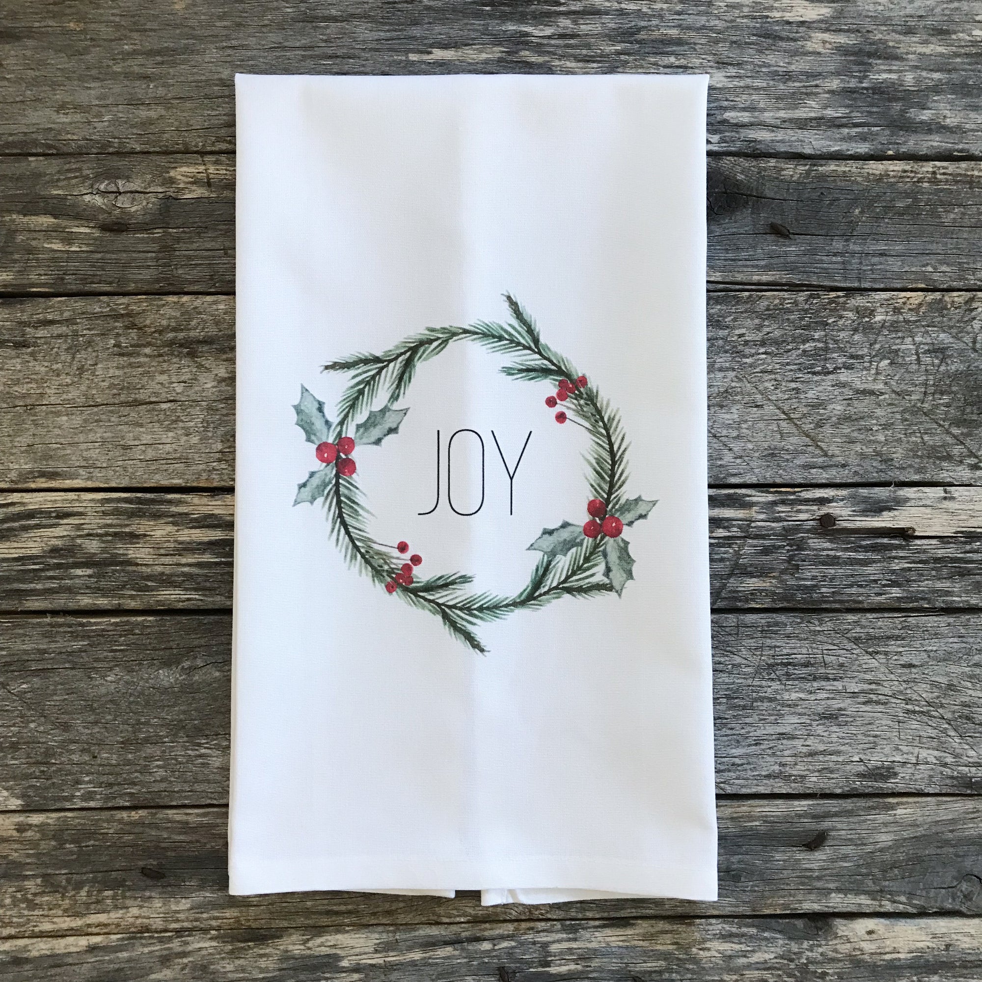 Joy Wreath Tea Towel - Linen and Ivory