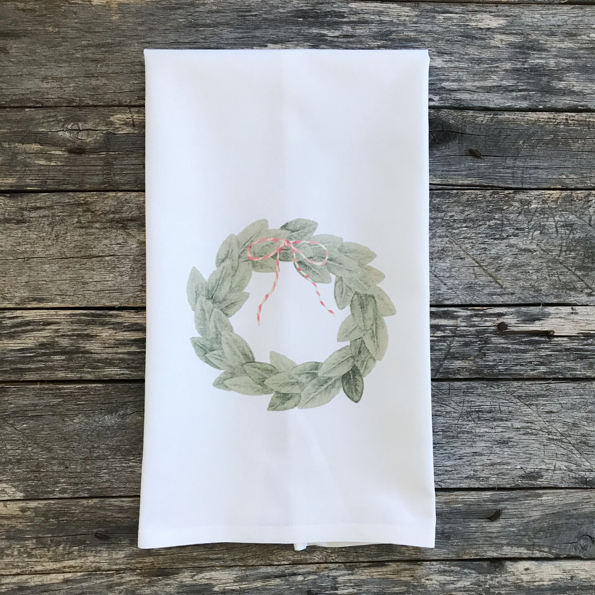 Magnolia Wreath with Red Bow Tea Towel - Linen and Ivory