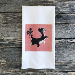 Mid Mod Christmas Cat Tea Towel - Linen and Ivory