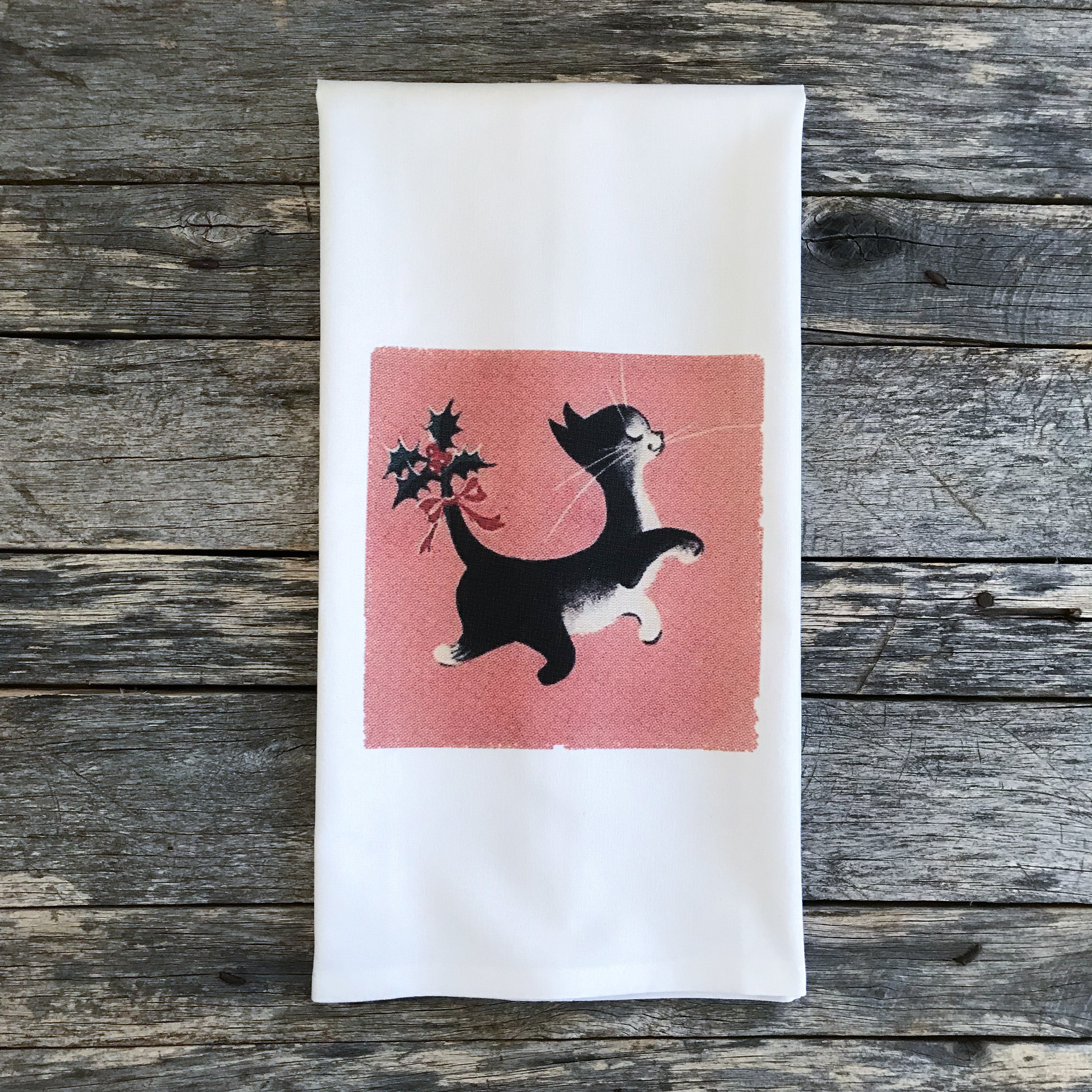 Mid Mod Christmas Cat Tea Towel - Linen and Ivory
