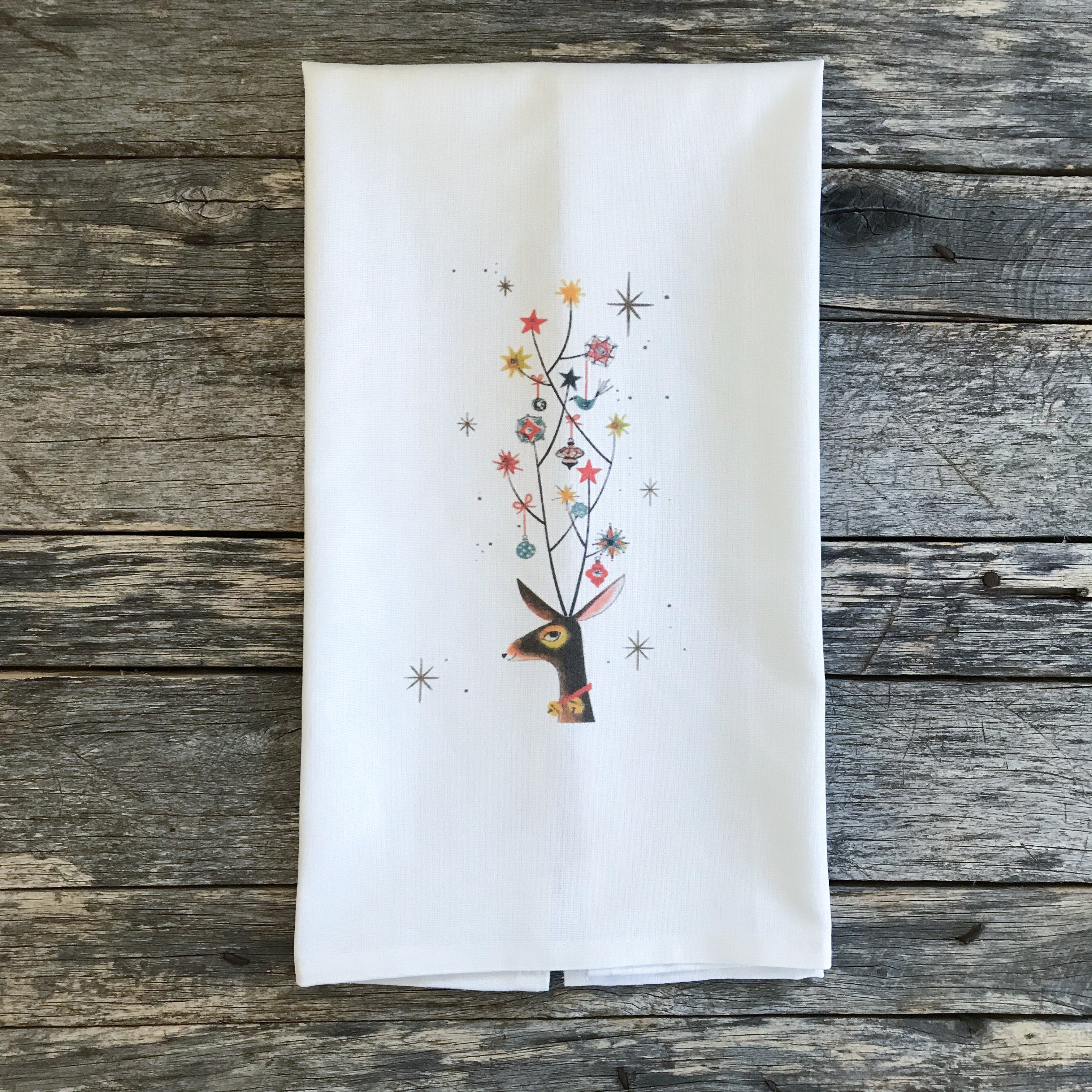 Mid Mod Christmas Deer Tea Towel - Linen and Ivory