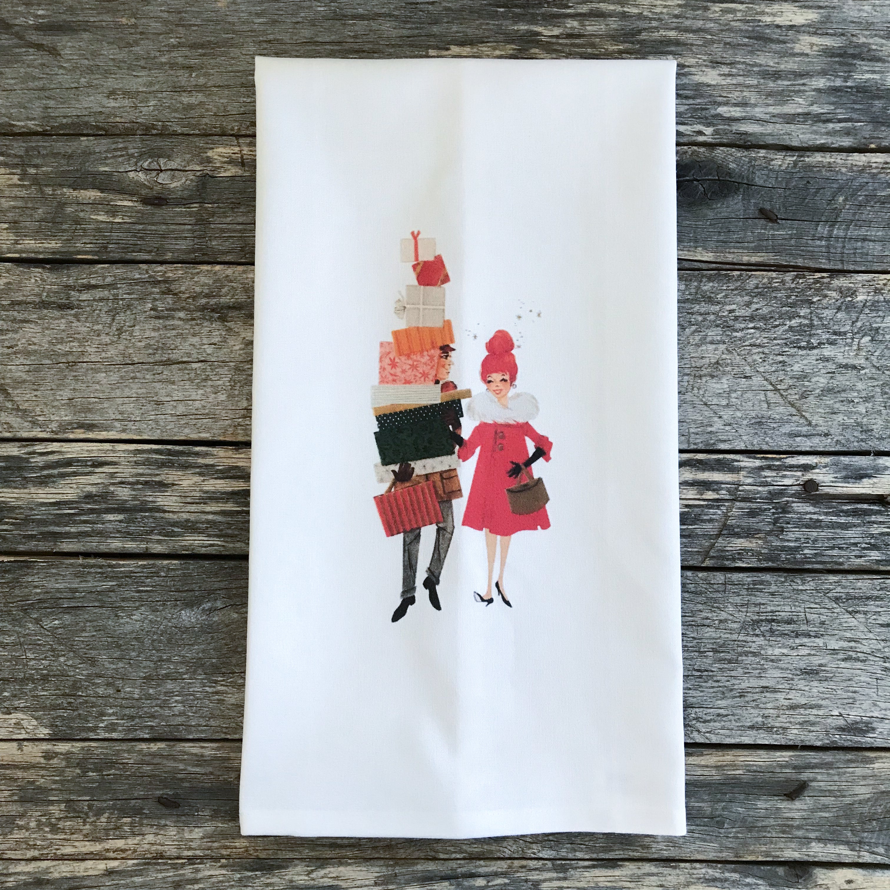 Mid Mod Shopping Tea Towel - Linen and Ivory