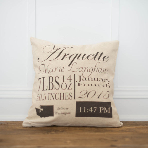 Script Birth Announcement Pillow Cover - Linen and Ivory