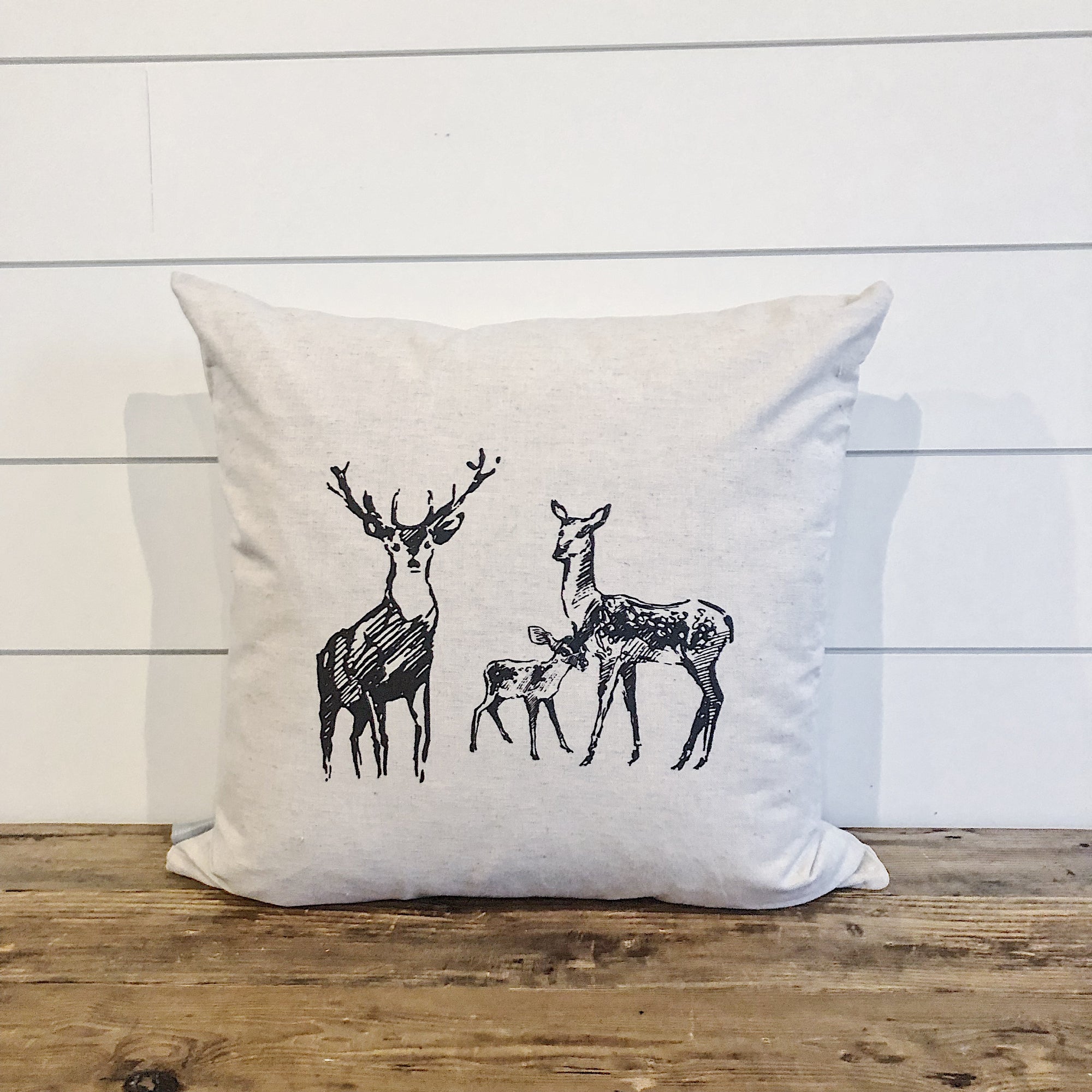 Deer Family Sketch Pillow Cover - Linen and Ivory