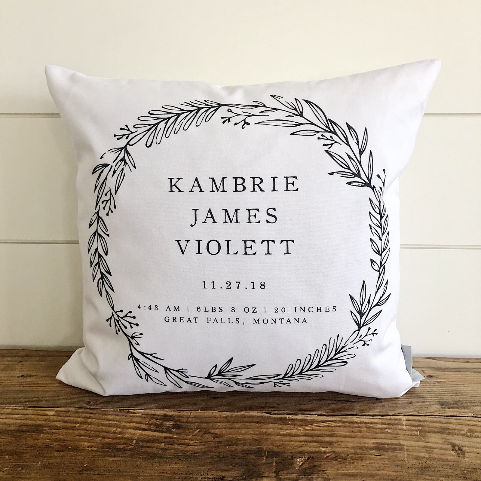 Floral Wreath Birth Announcement Pillow Cover - Linen and Ivory