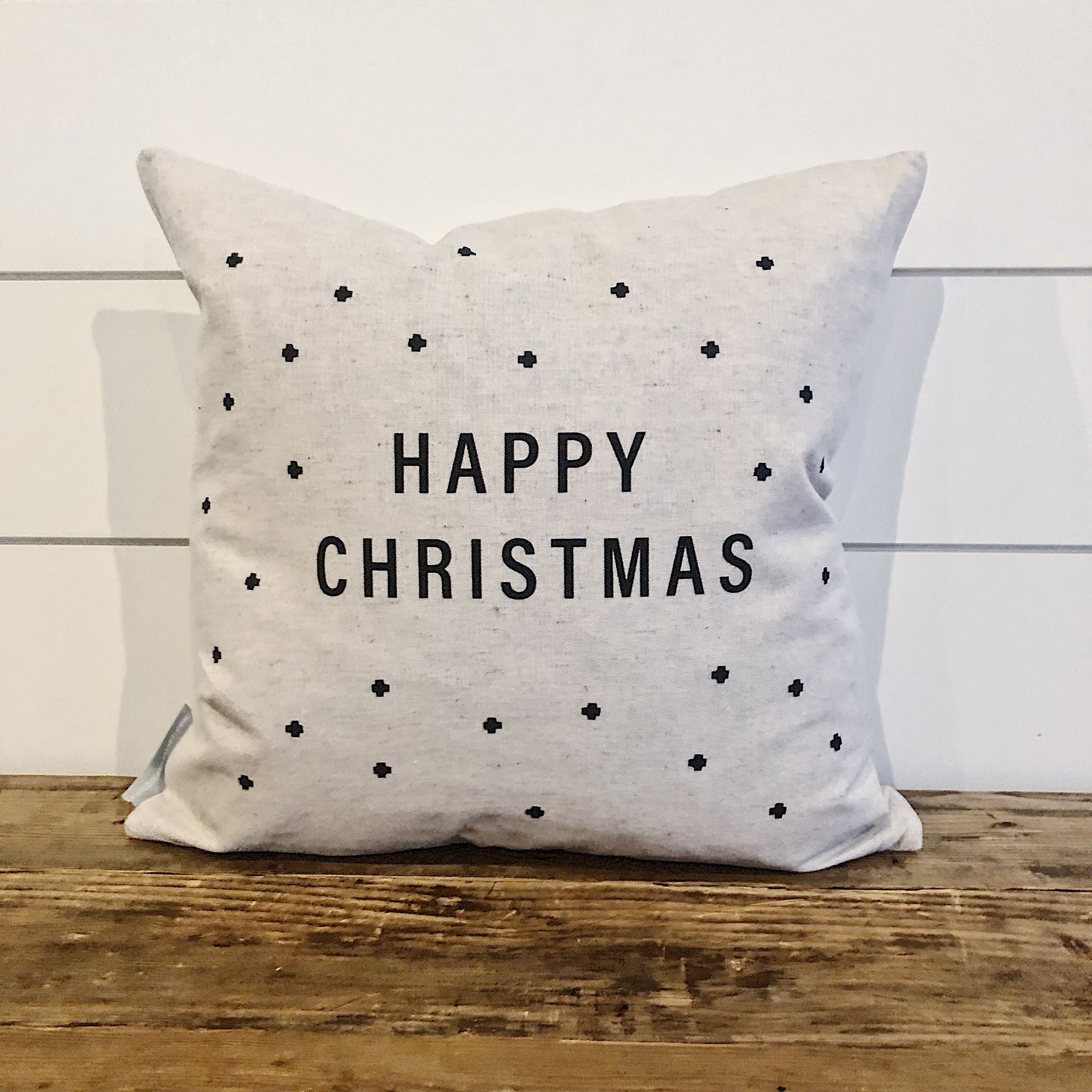 Happy Christmas Swiss Cross Pillow Cover - Linen and Ivory