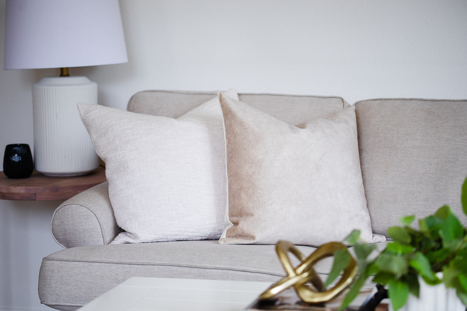 EVY Warm Brown Suede Pillow Cover Linen and Ivory