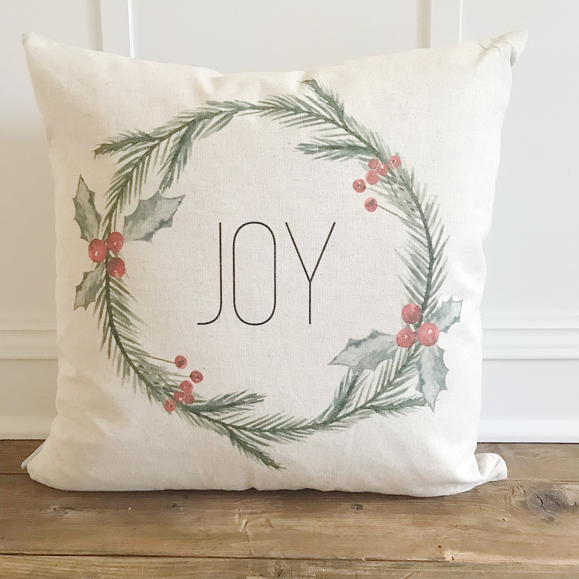 Joy Wreath Pillow Cover - Linen and Ivory