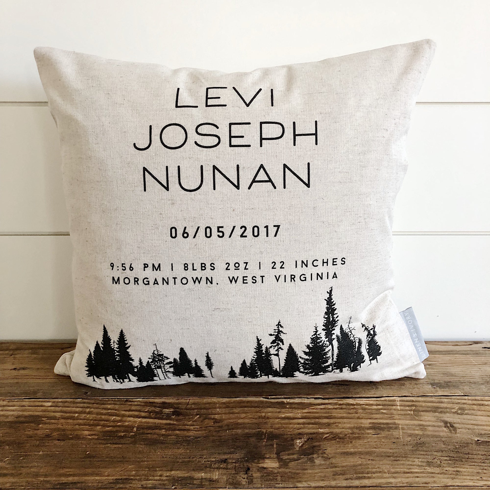 Modern Forest Birth Announcement Pillow Cover - Linen and Ivory