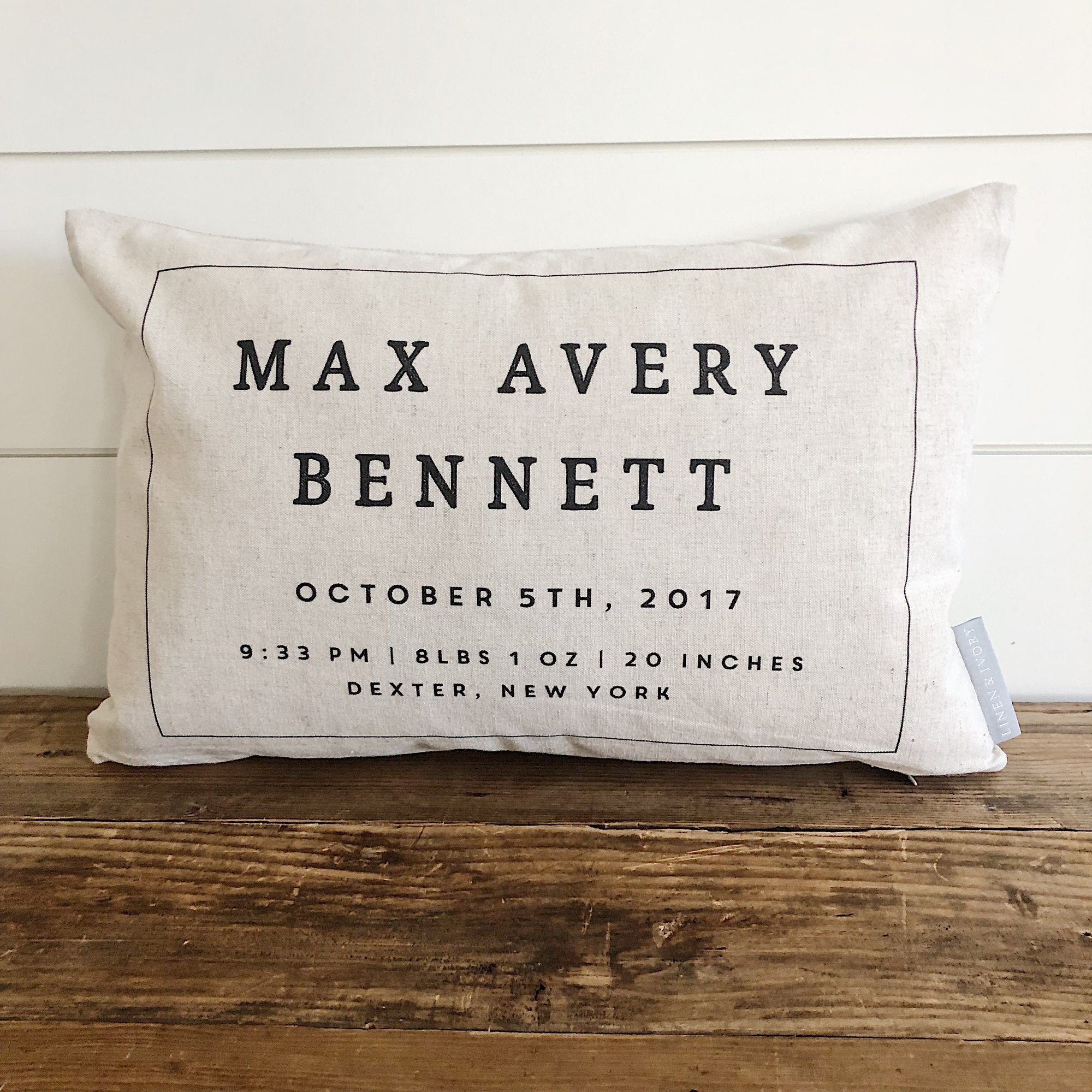 Bold Lumbar Birth Announcement Pillow Cover - Linen and Ivory
