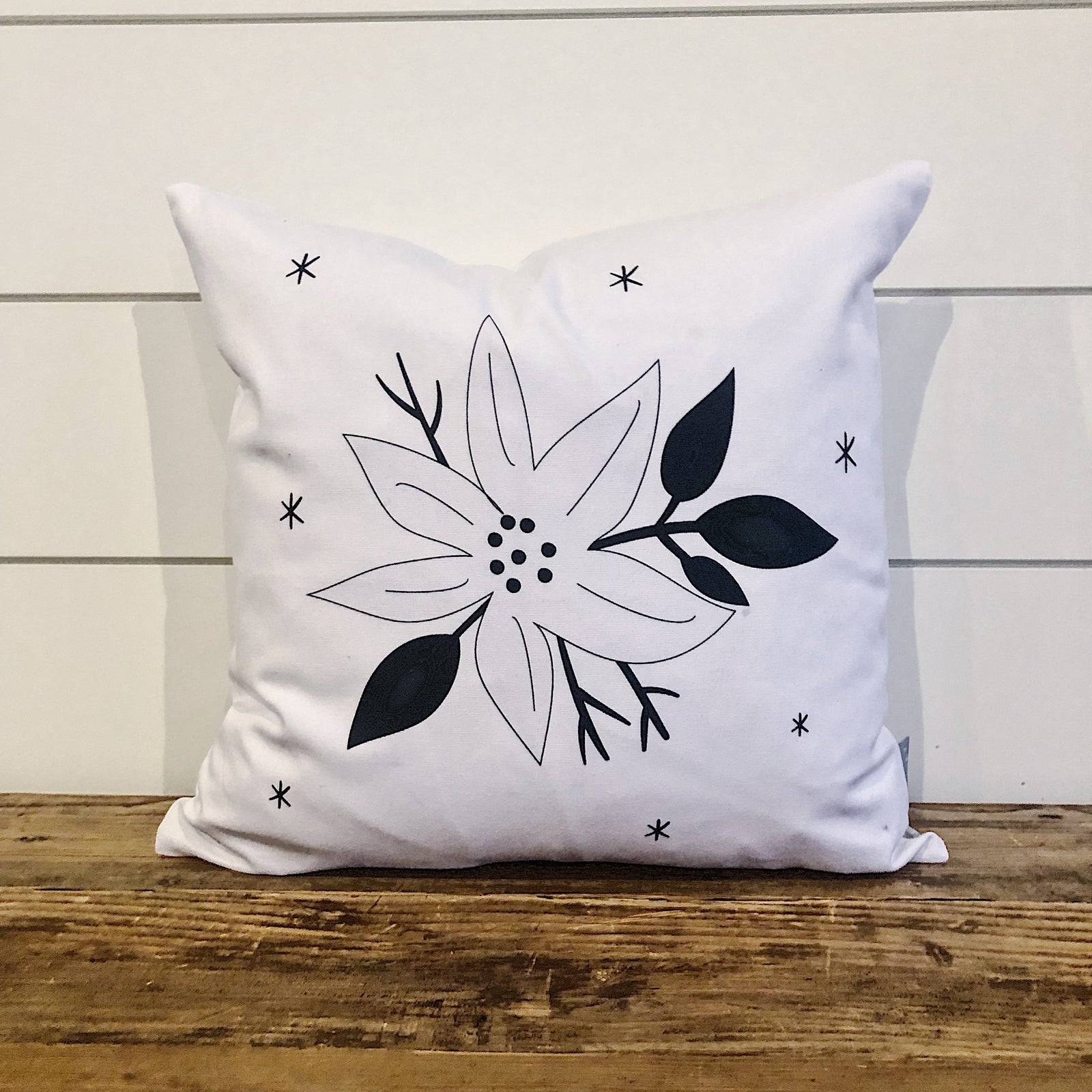 Modern Poinsettia Pillow Cover (Green & Black) - Linen and Ivory