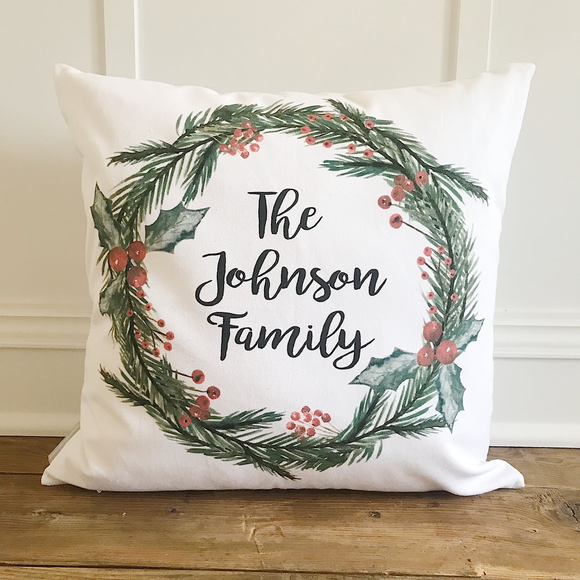 Custom Christmas Wreath NamePillow Cover - Linen and Ivory