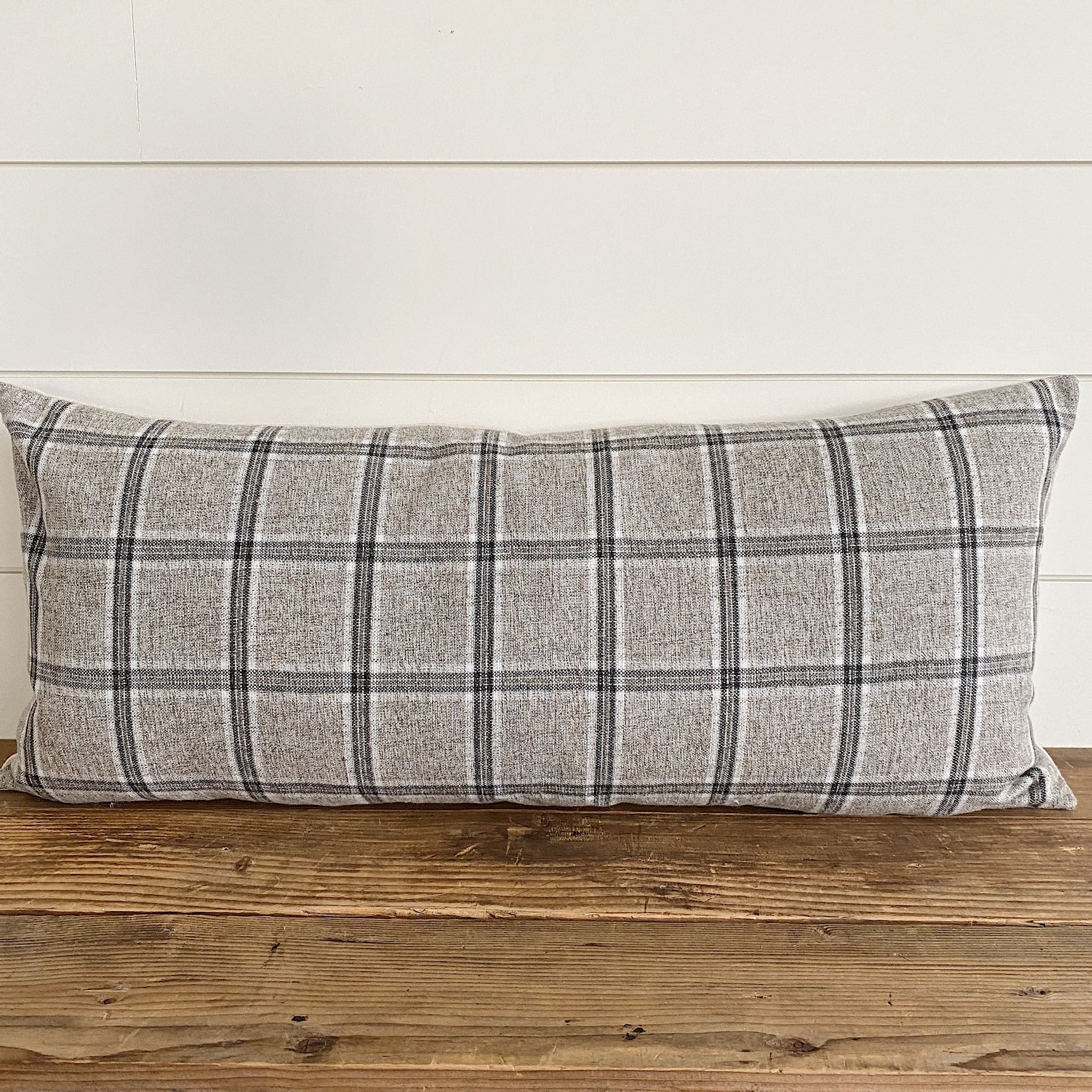 PRESLEY Gray Plaid Pillow Cover Linen and Ivory