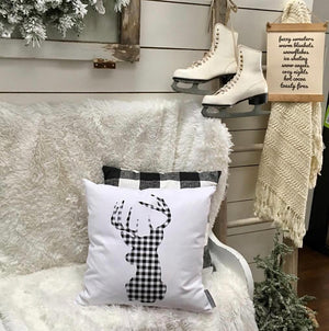 Buffalo Plaid Stag Pillow Cover (Black) - Linen and Ivory