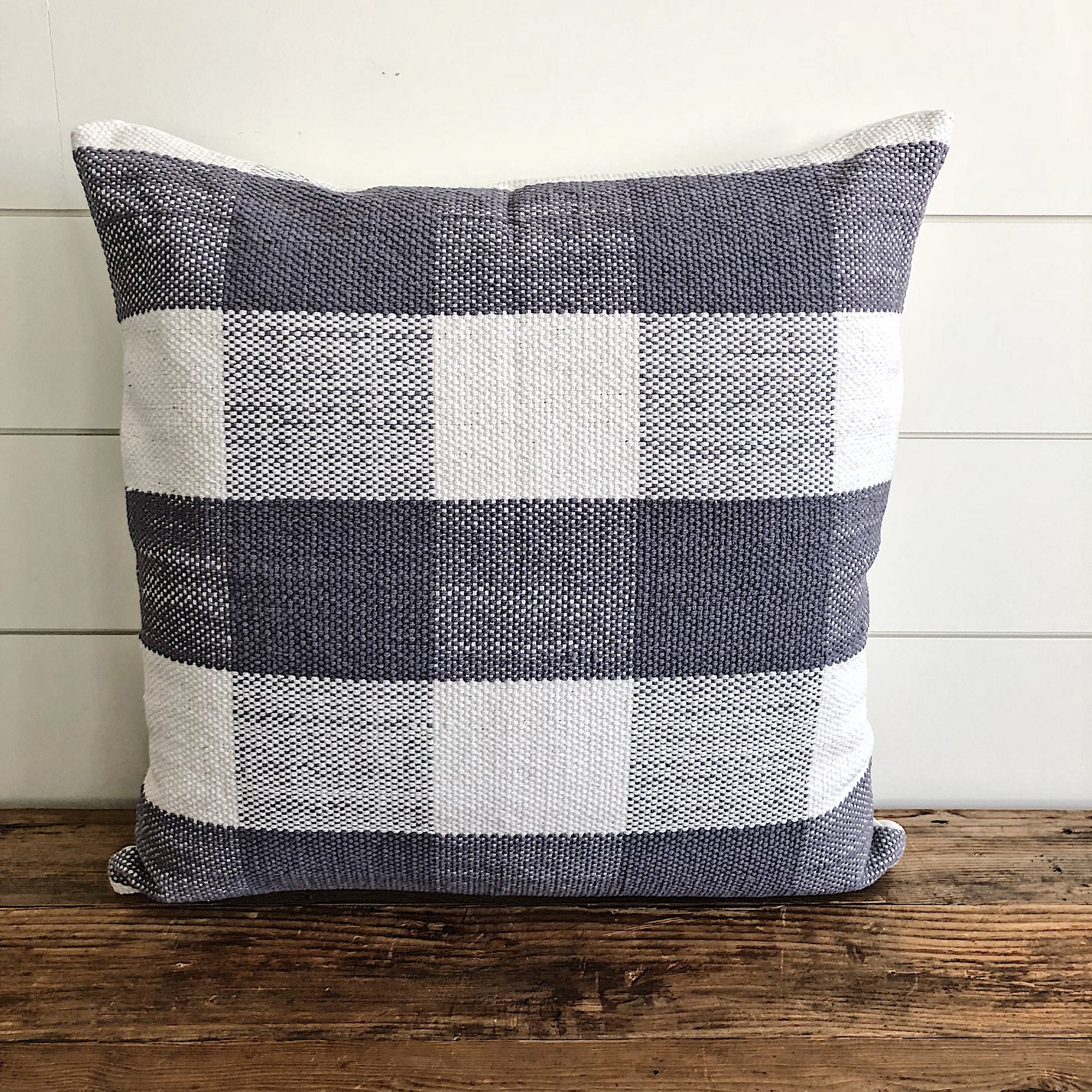 "Charlotte" Woven Pillow Cover (Gray Buffalo Plaid) - Linen and Ivory