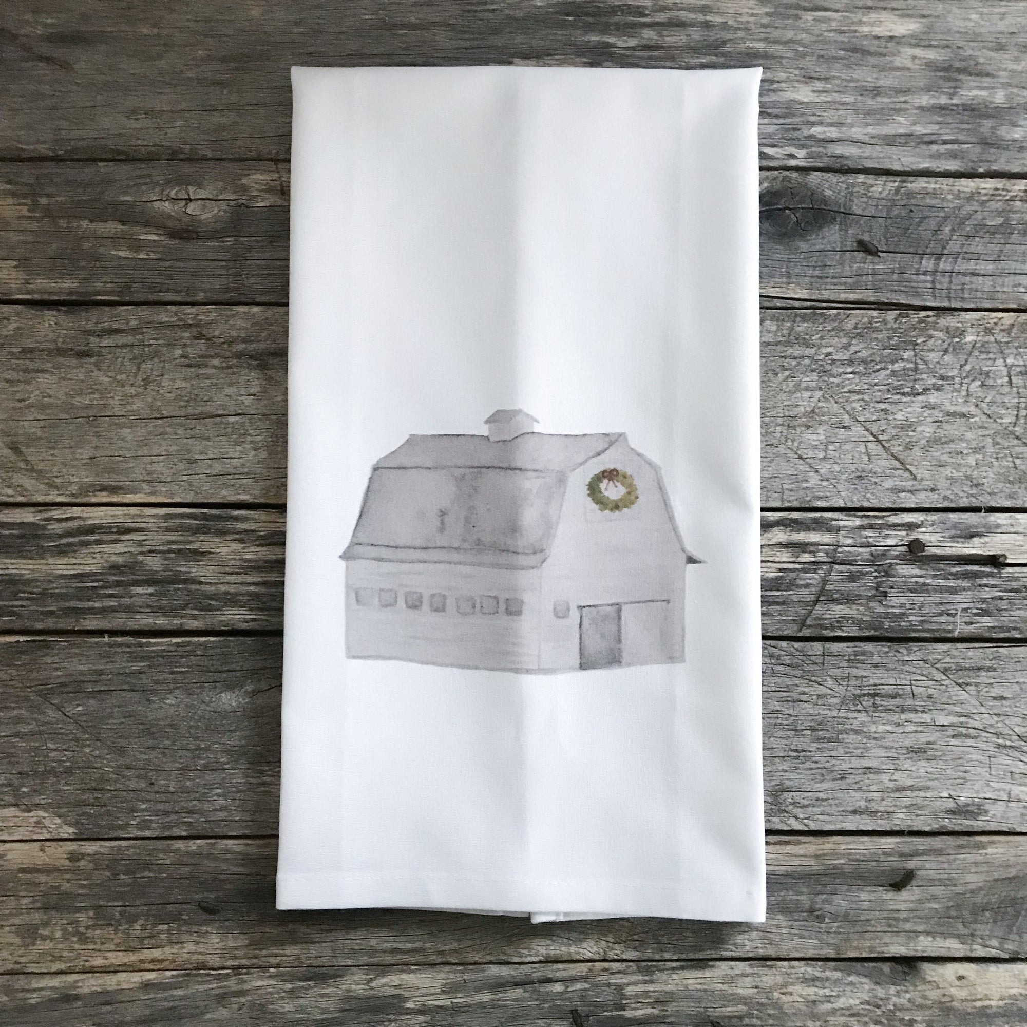 Christmas Barn Tea Towel - Linen and Ivory