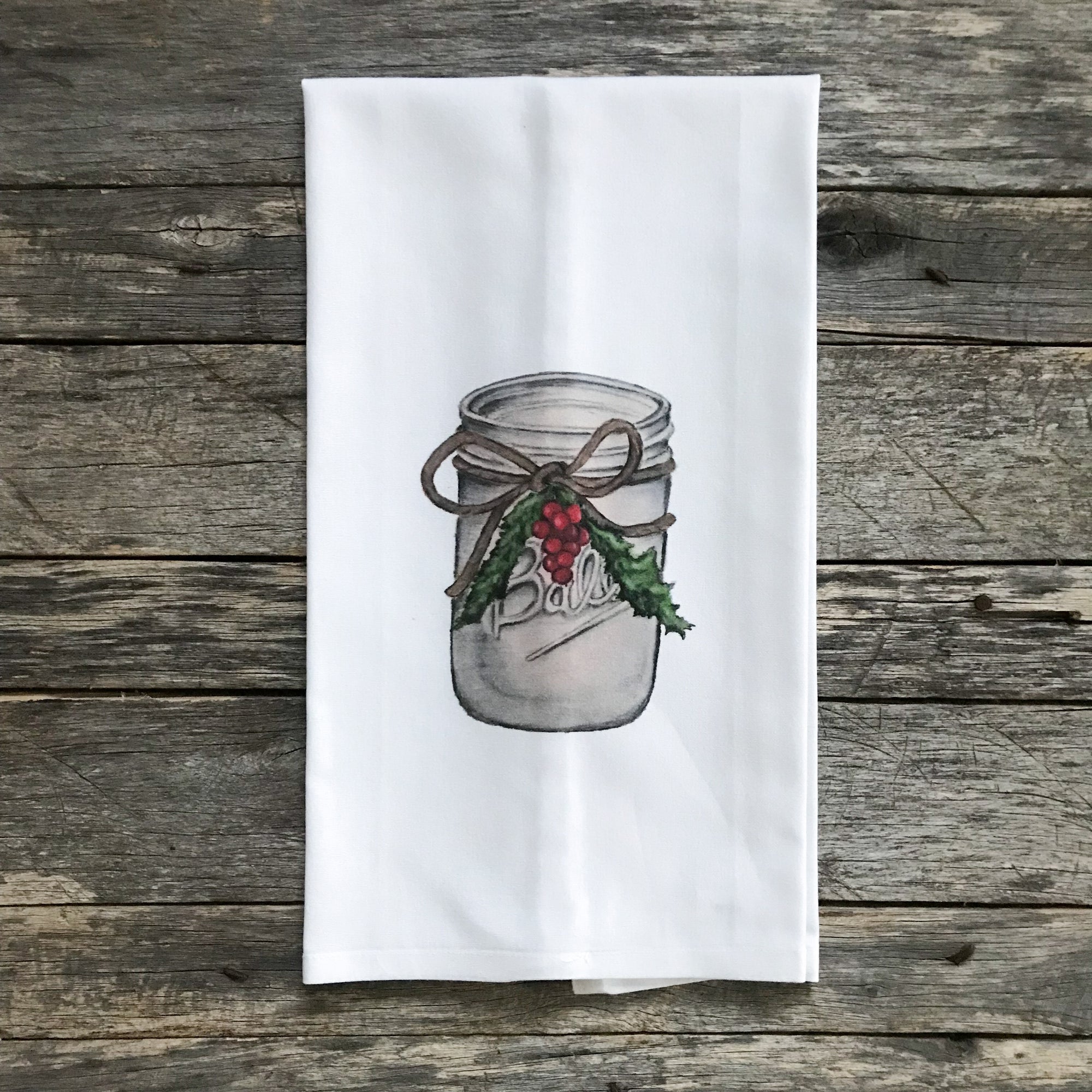 Christmas Mason Jar Tea Towel - Linen and Ivory