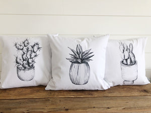 Succulent Cactus Sketch Pillow Cover - Linen and Ivory