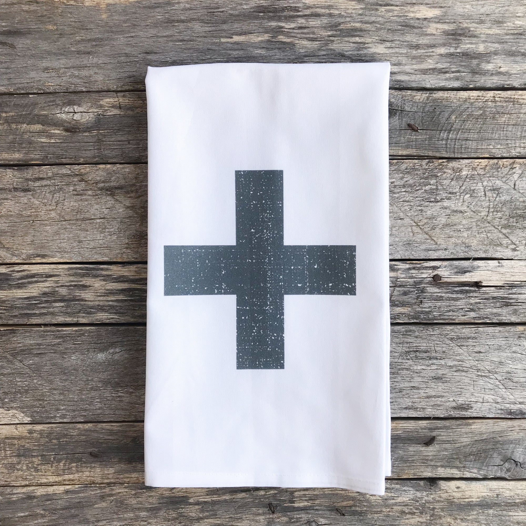 Distressed Swiss Cross Tea Towel (Charcoal) - Linen and Ivory