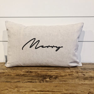 Modern Script "Merry" Pillow Cover - Linen and Ivory
