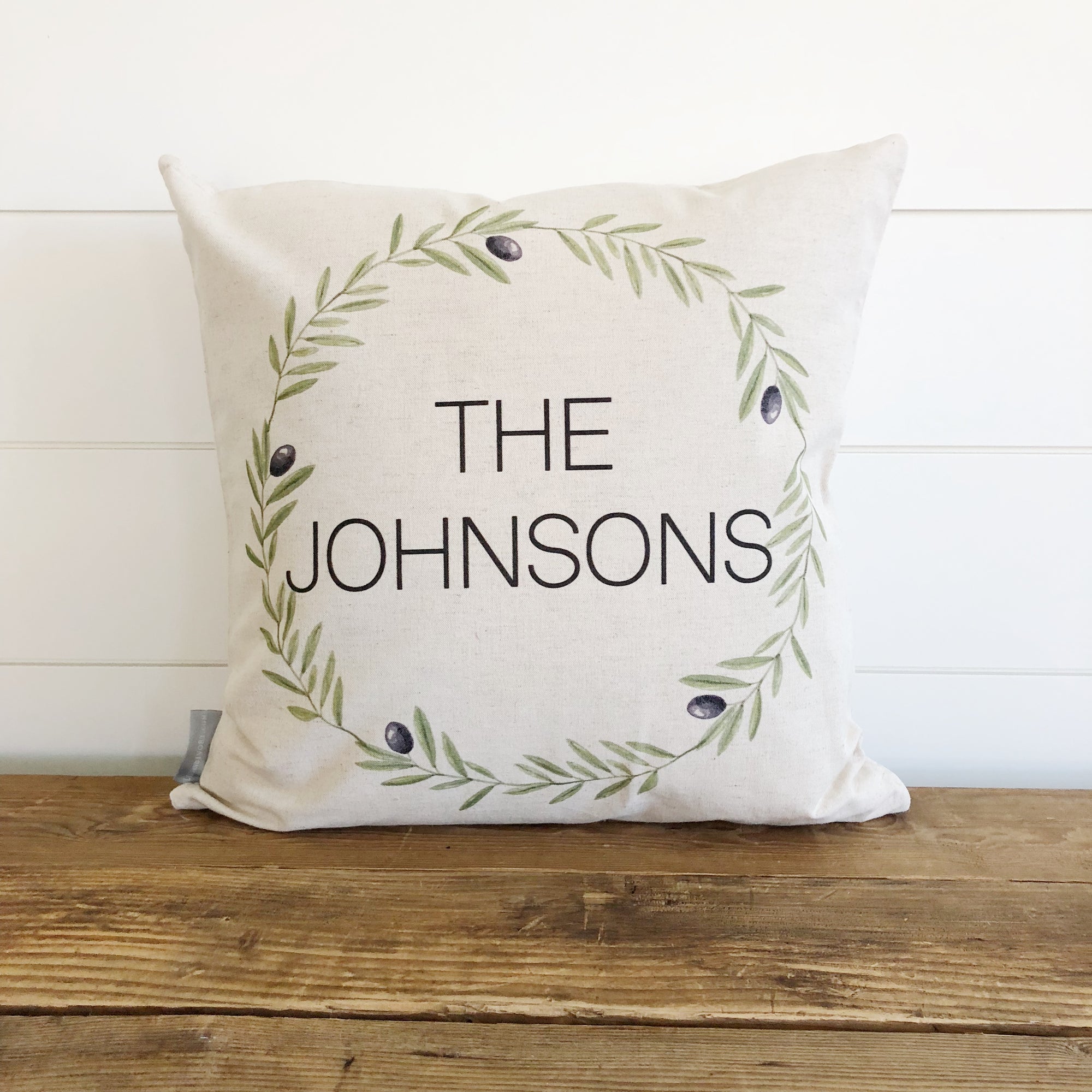 Olive Wreath Name Pillow Cover - Linen and Ivory