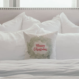 Merry Christmas Magnolia Wreath Pillow Cover - Linen and Ivory