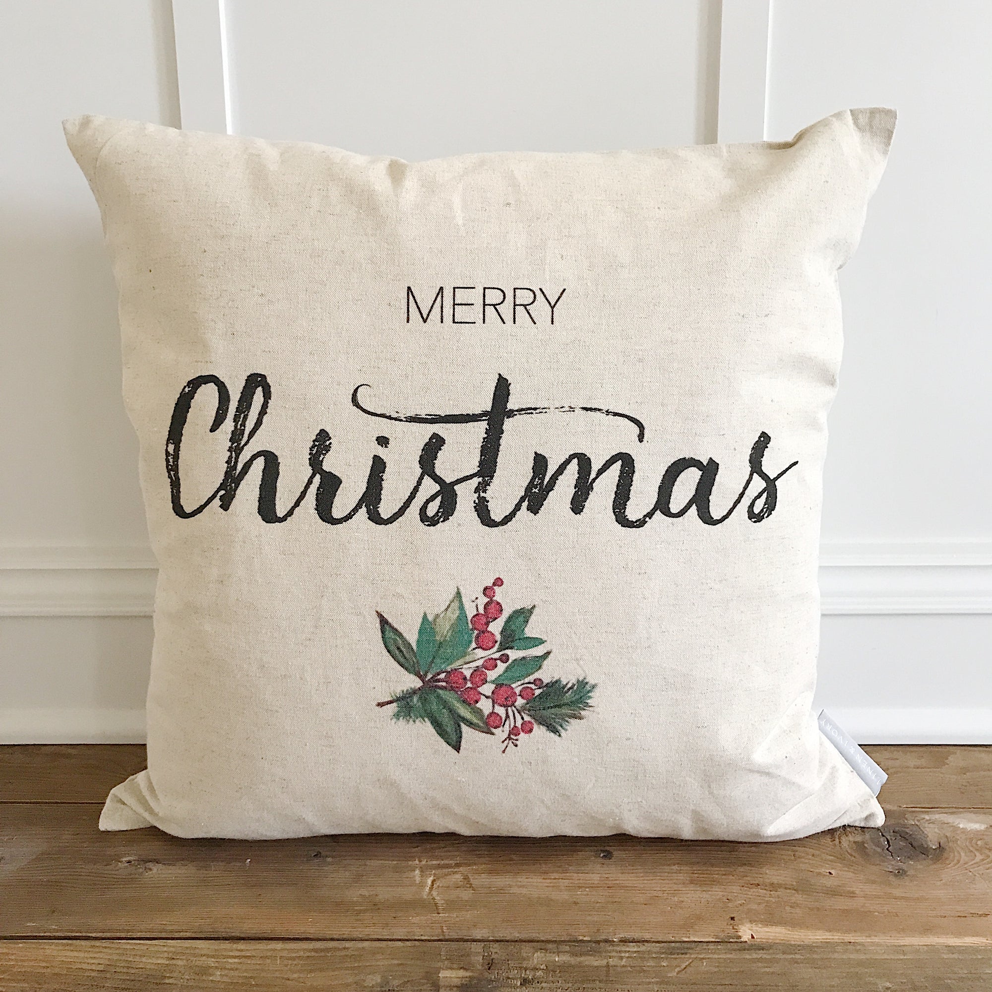 Merry Christmas Holly Sprig Pillow Cover - Linen and Ivory
