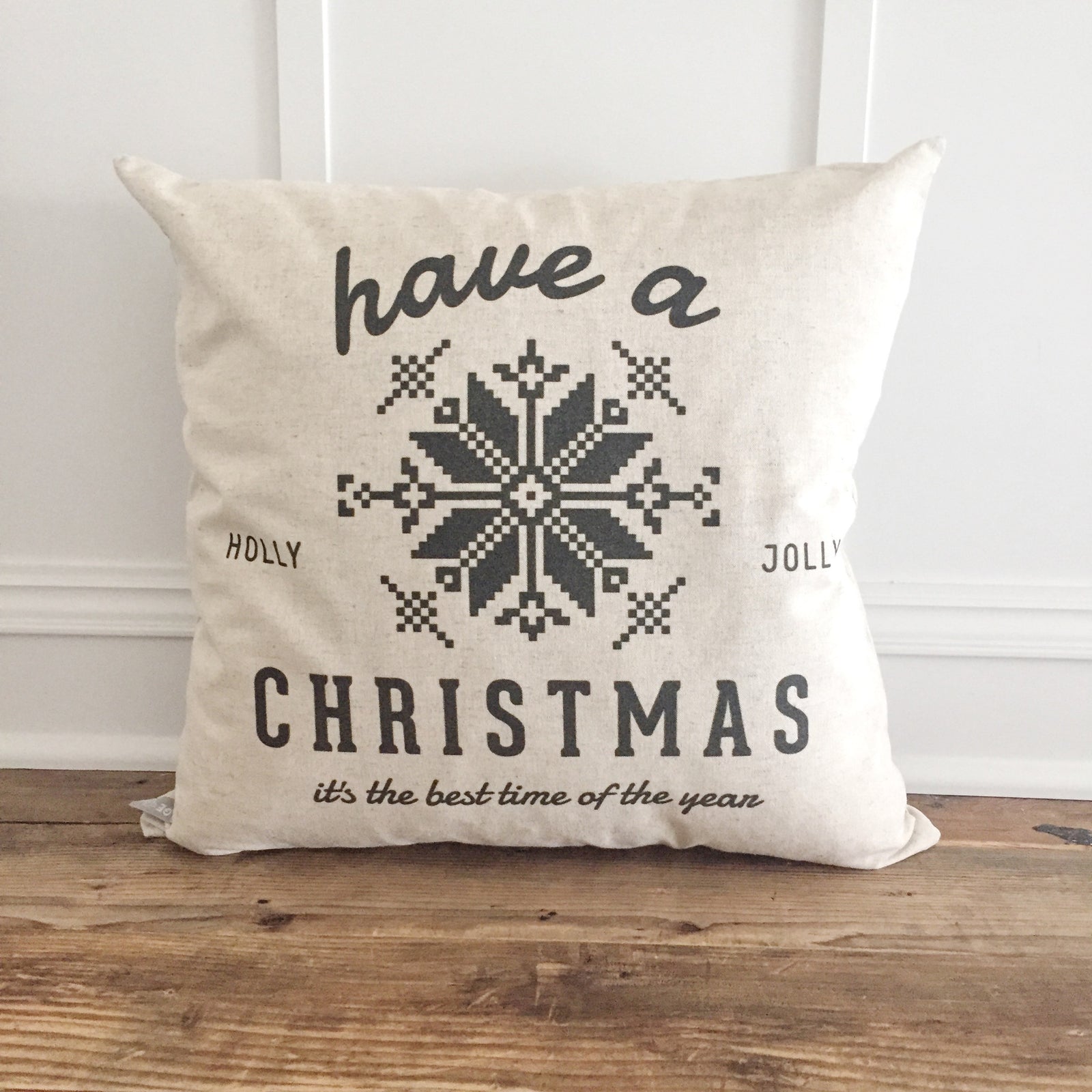 Scandanavian Holly Jolly Pillow Cover (Black) - Linen and Ivory