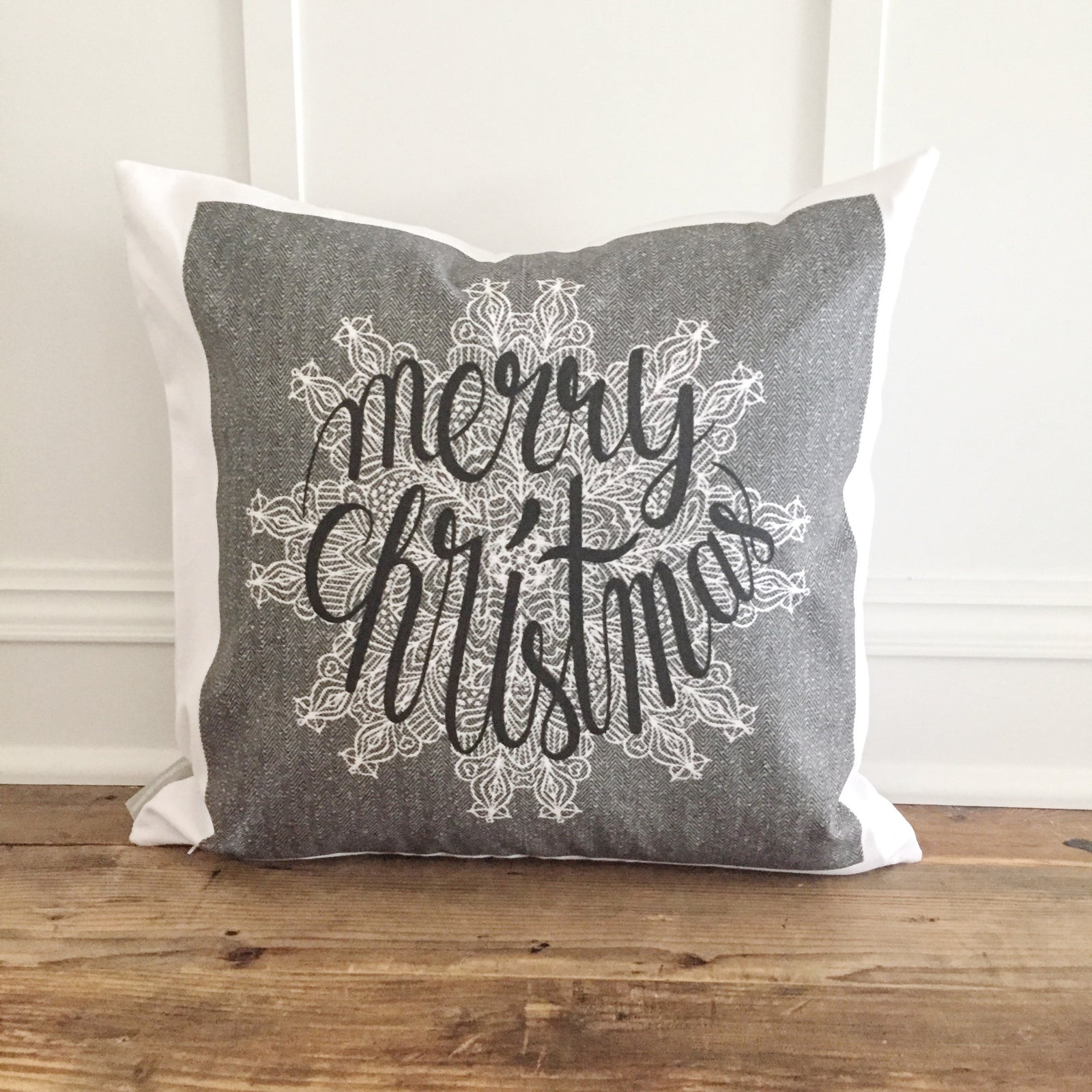 Herringbone Merry Christmas Pillow Cover - Linen and Ivory