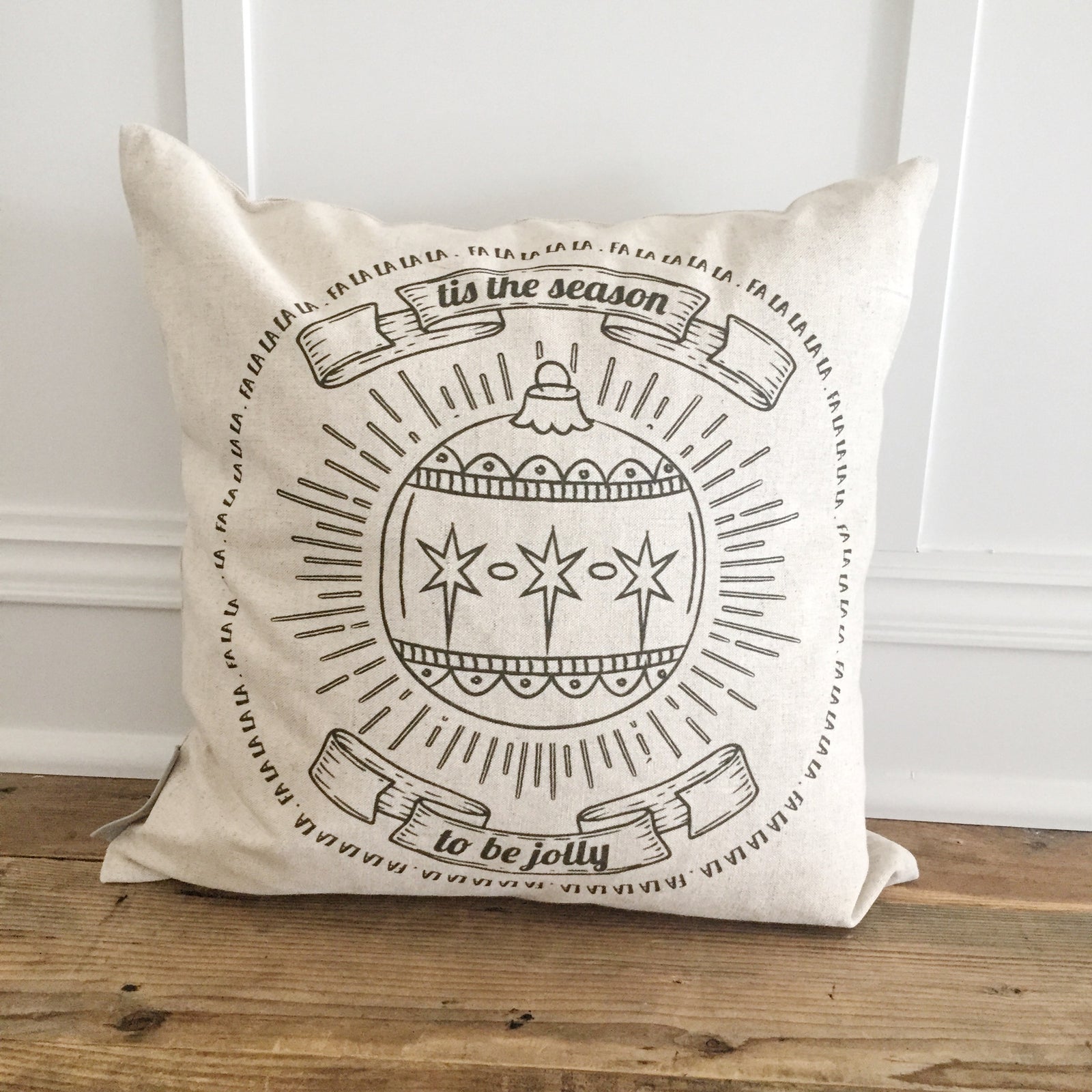 Falalalala Ornament (Black) Pillow Cover - Linen and Ivory