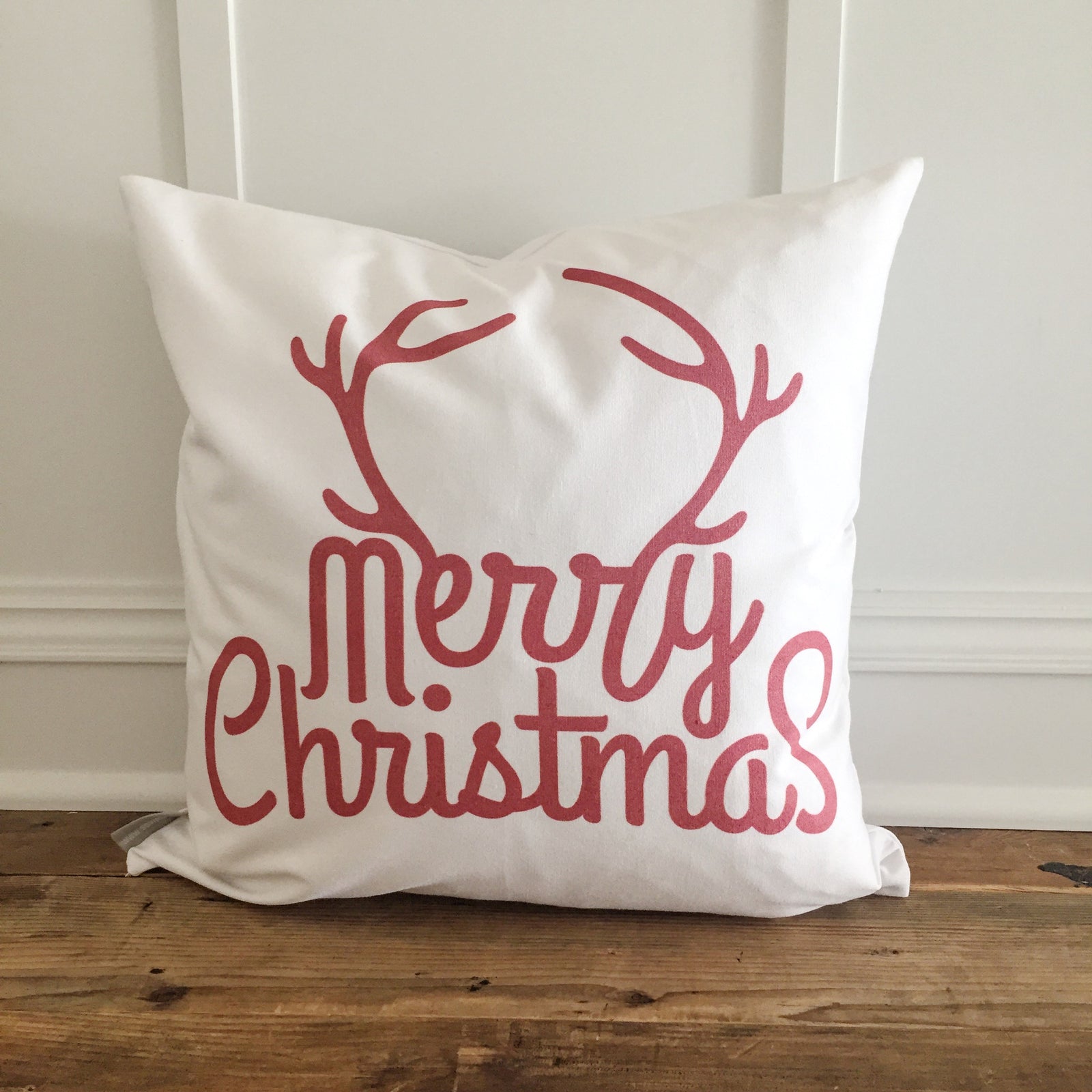 Merry Christmas Antlers (Red) Pillow Cover - Linen and Ivory
