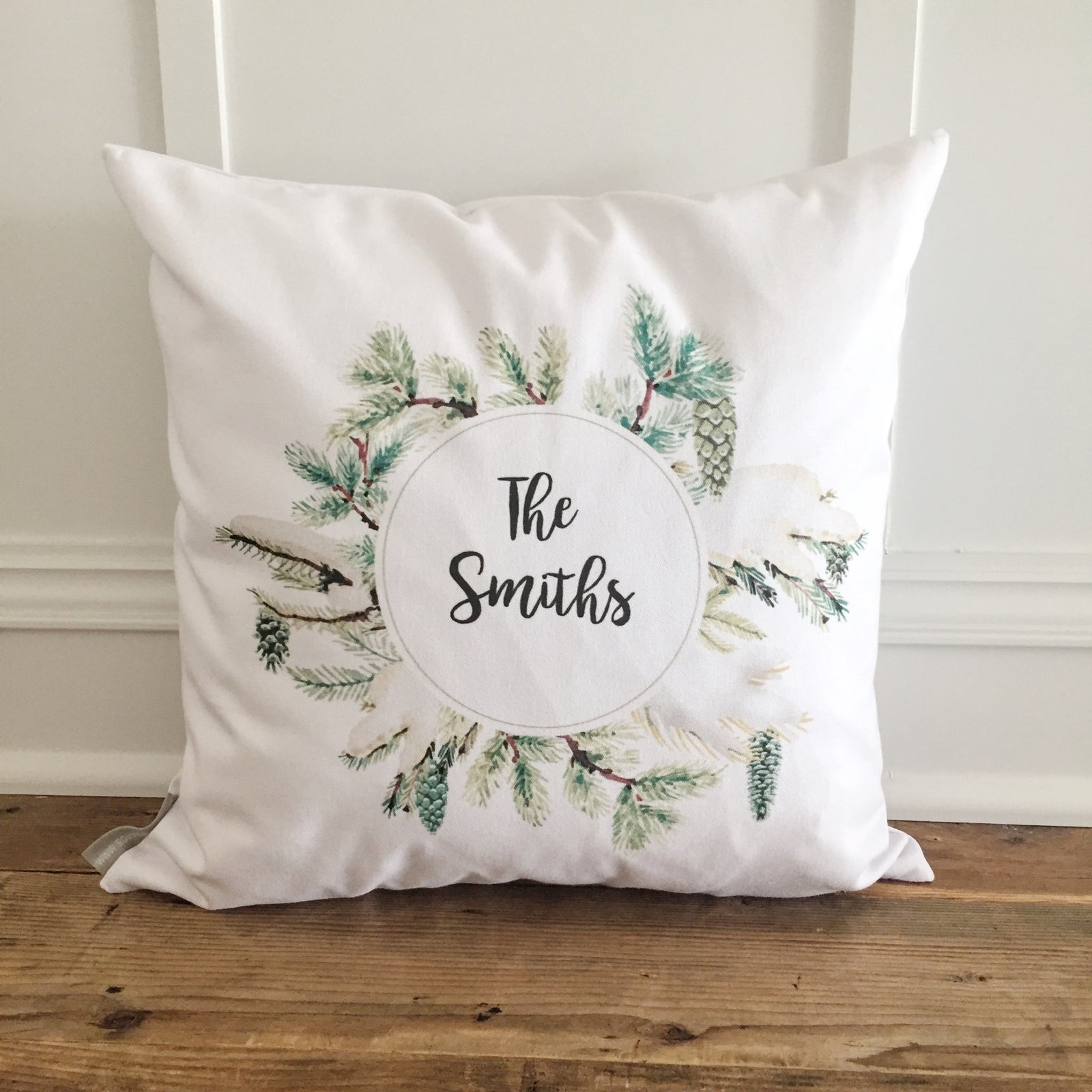 Custom Pinecone Wreath Pillow Cover - Linen and Ivory