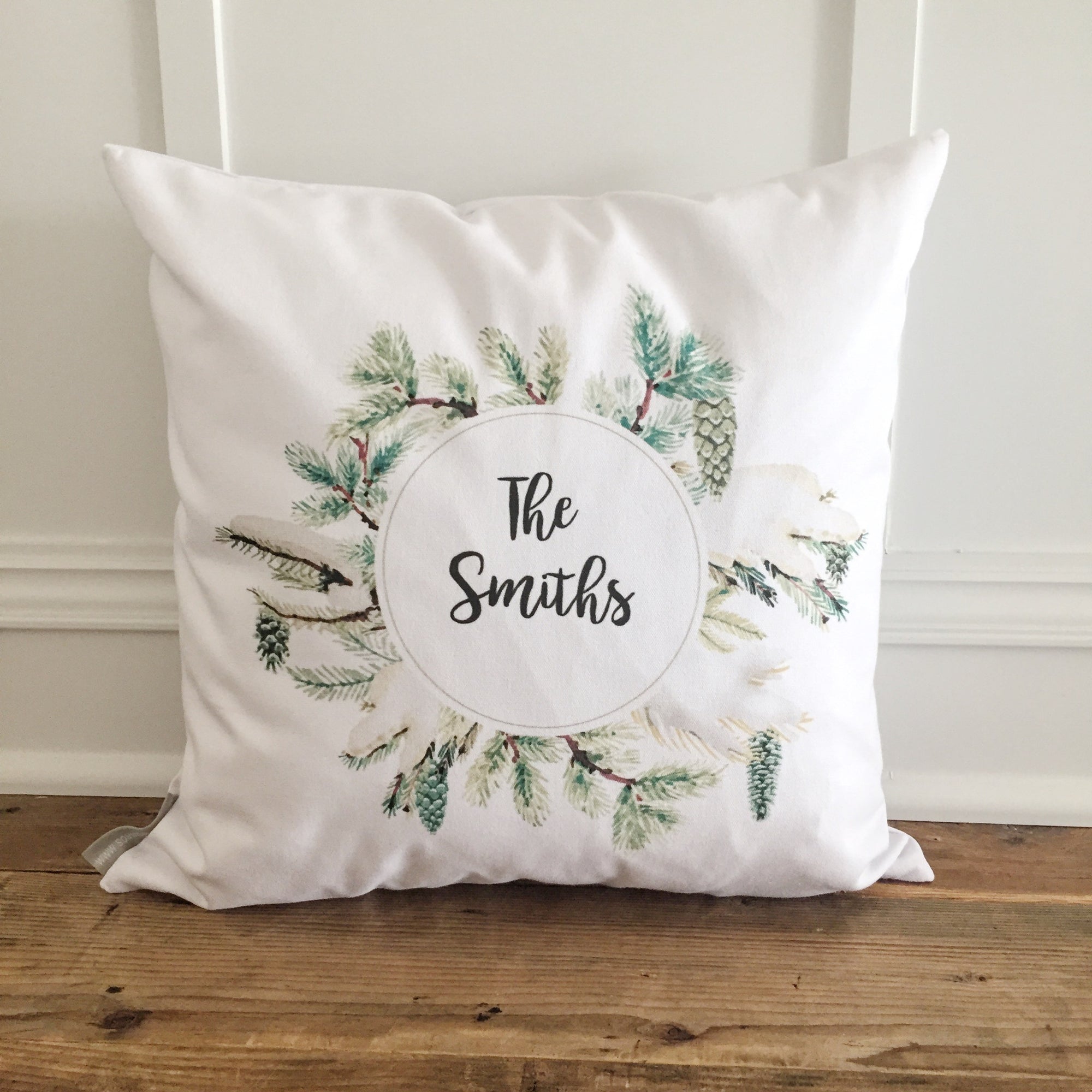 Custom Pinecone Wreath Pillow Cover - Linen and Ivory