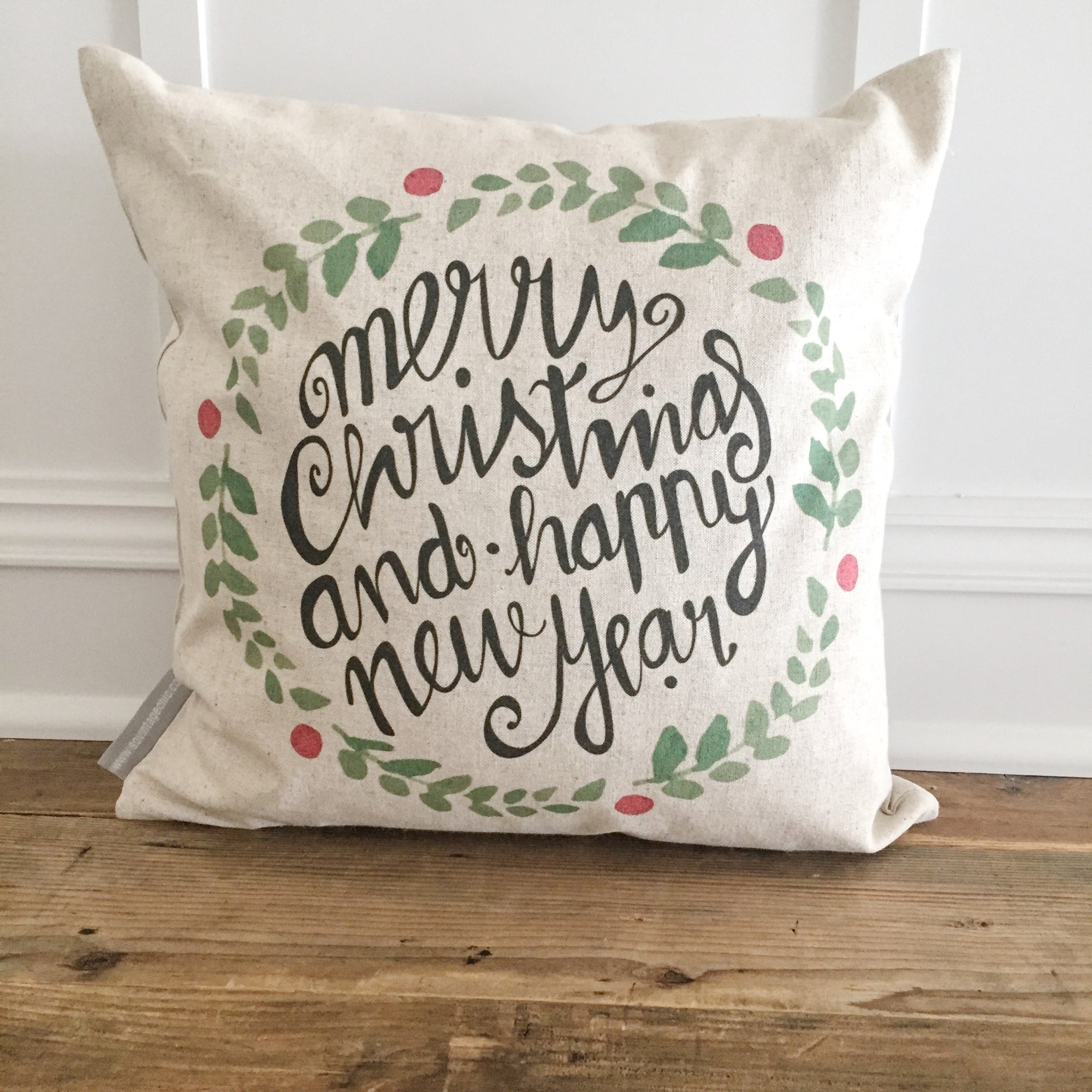 Merry Christmas & Happy New Year Wreath Pillow Cover - Linen and Ivory