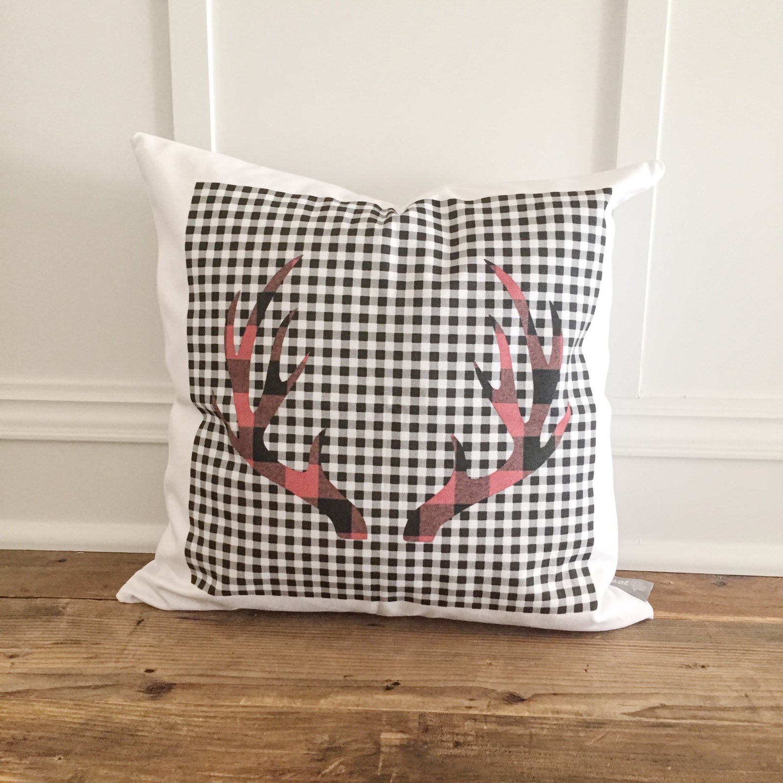 Dual Buffalo Plaid Antlers Pillow Cover - Linen and Ivory