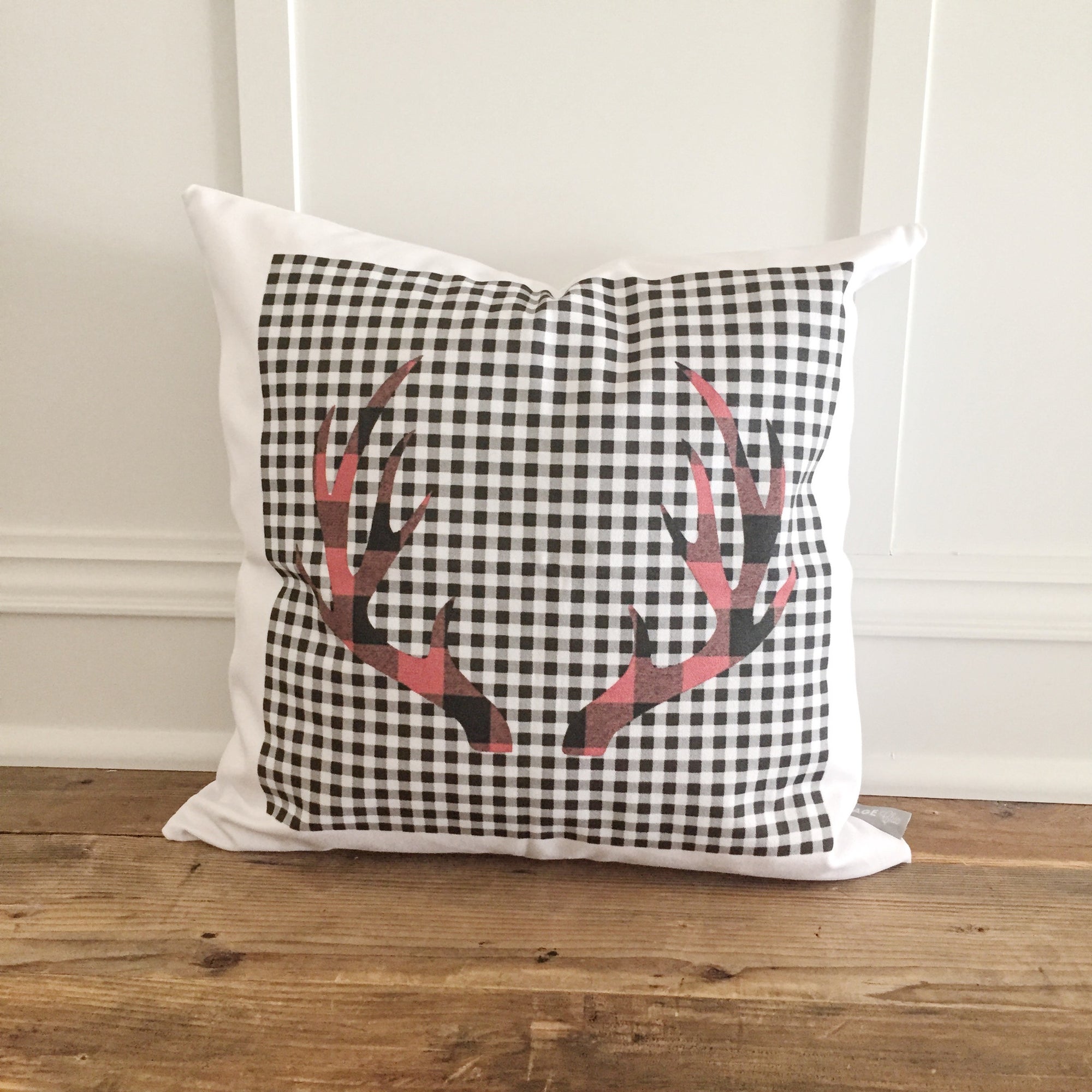 Dual Buffalo Plaid Antlers Pillow Cover - Linen and Ivory
