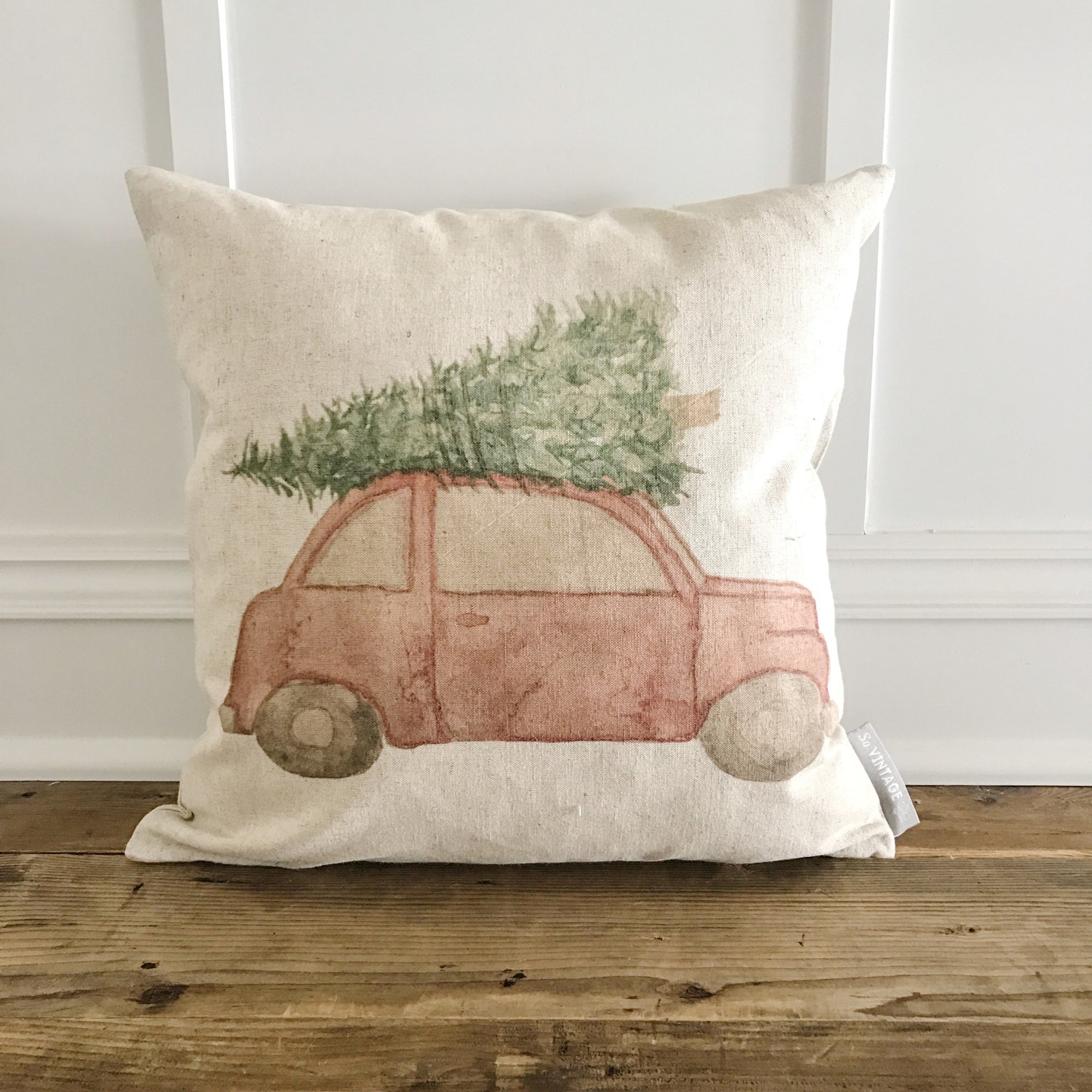 Red Christmas Tree Car Pillow Cover - Linen and Ivory
