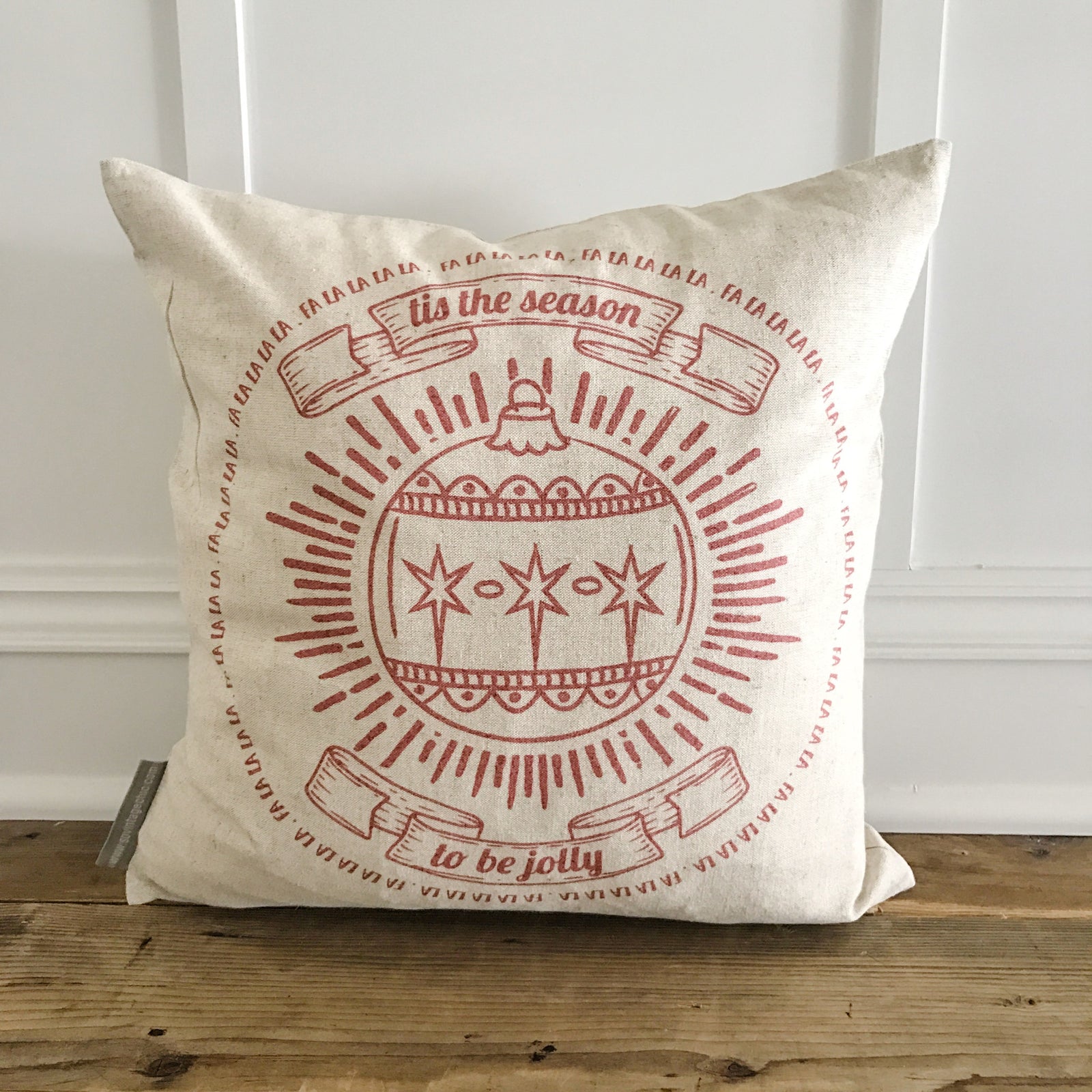 Falalalala Ornament (Red) Pillow Cover - Linen and Ivory