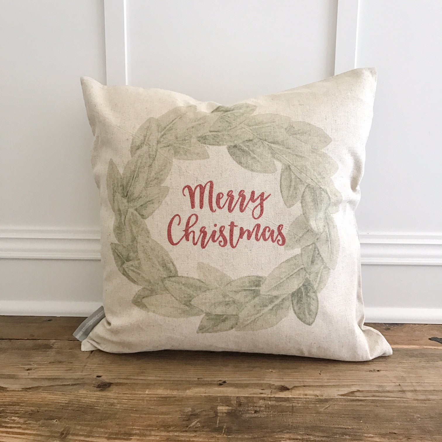 Merry Christmas Magnolia Wreath Pillow Cover - Linen and Ivory