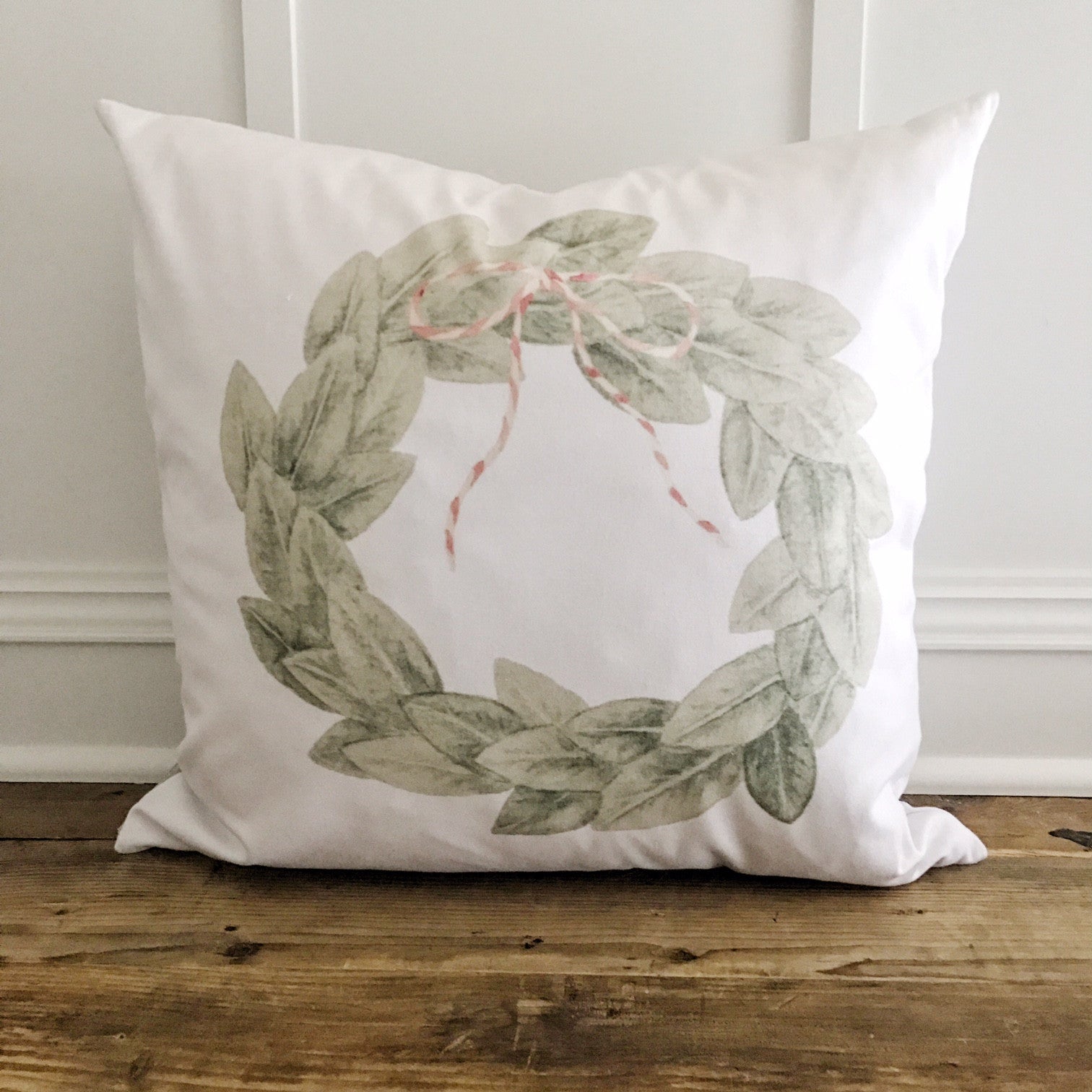 Magnolia Wreath w/Red & White Bow Pillow Cover - Linen and Ivory