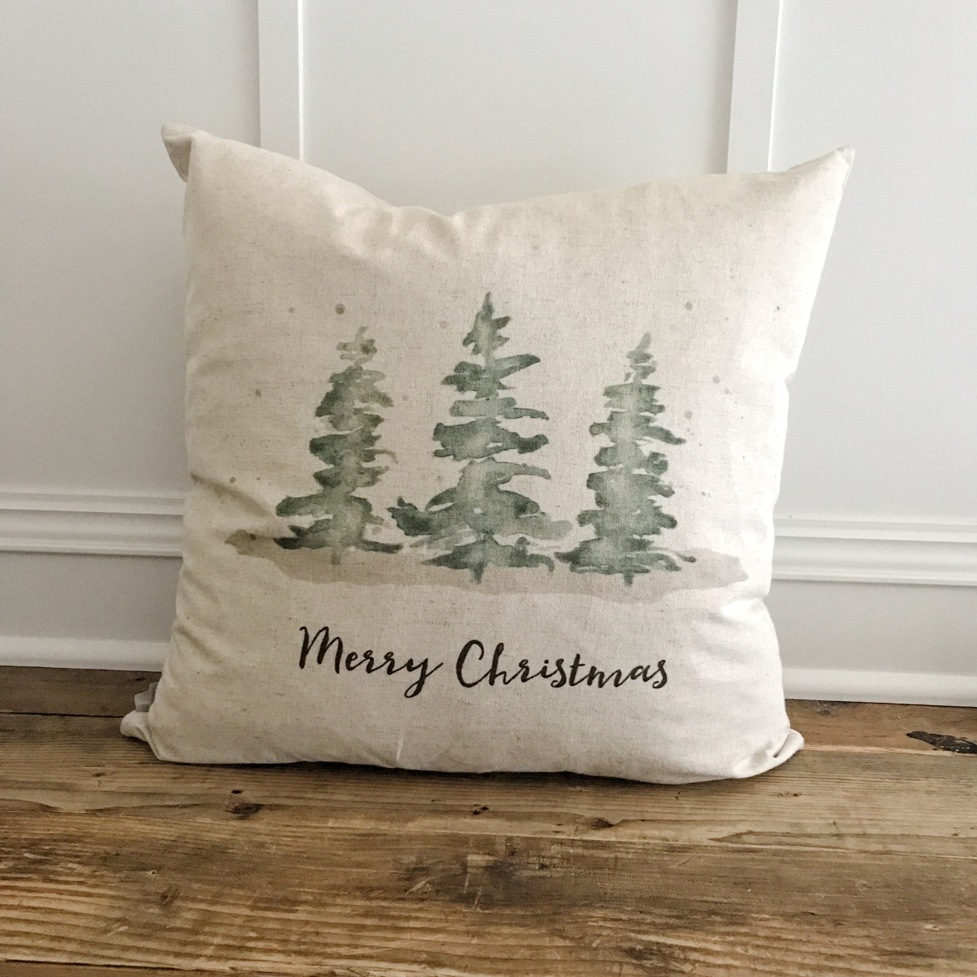 Merry Christmas Evergreen Trees Pillow Cover - Linen and Ivory