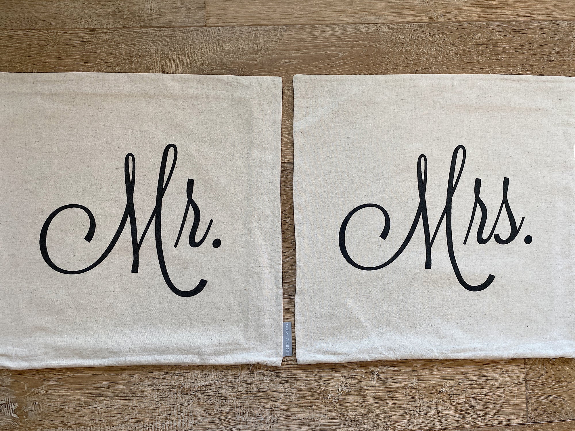 SALE-"NEW" 20" Mr & Mrs Pillow Cover Set (Natural Linen)