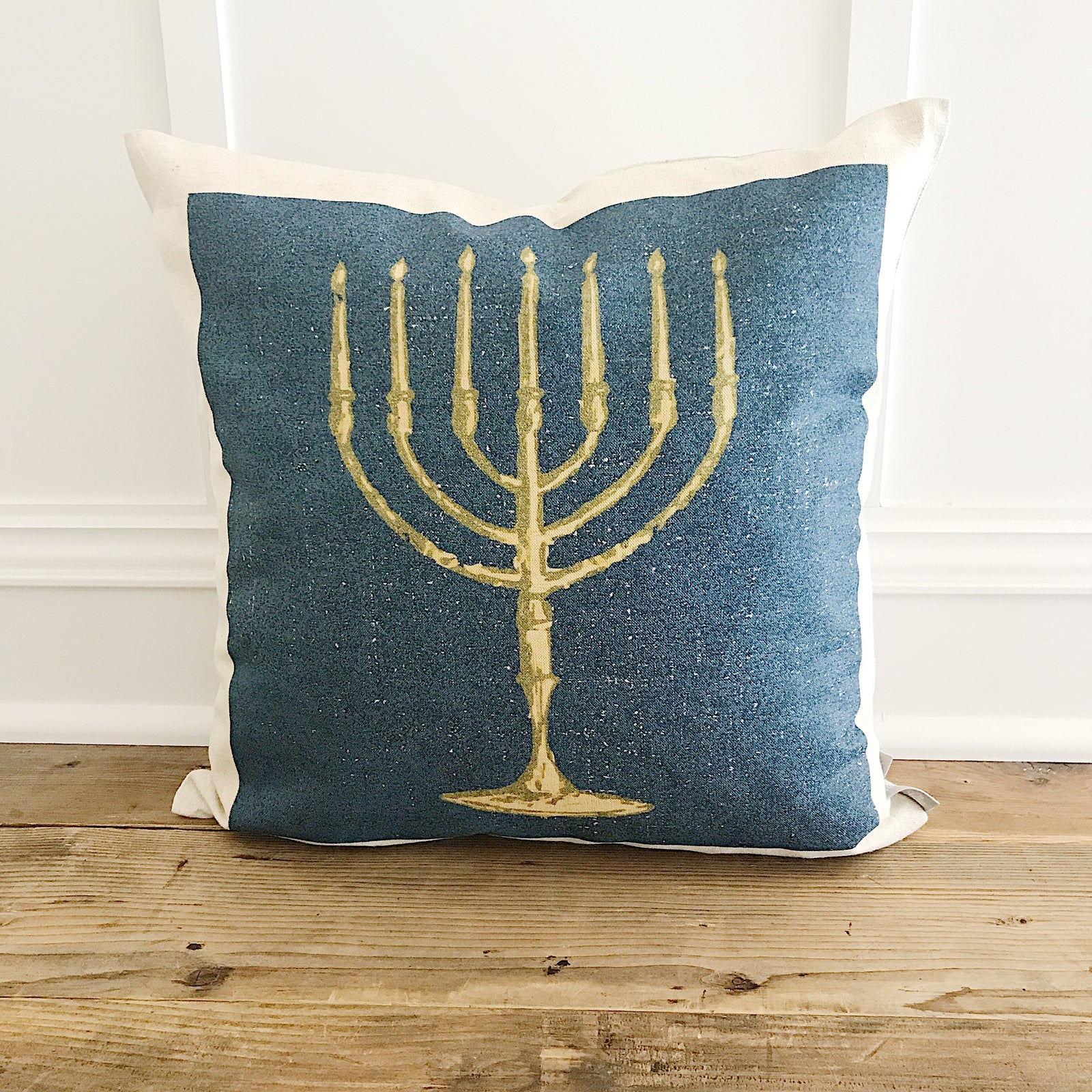 Menora (Navy Blue) Pillow Cover - Linen and Ivory